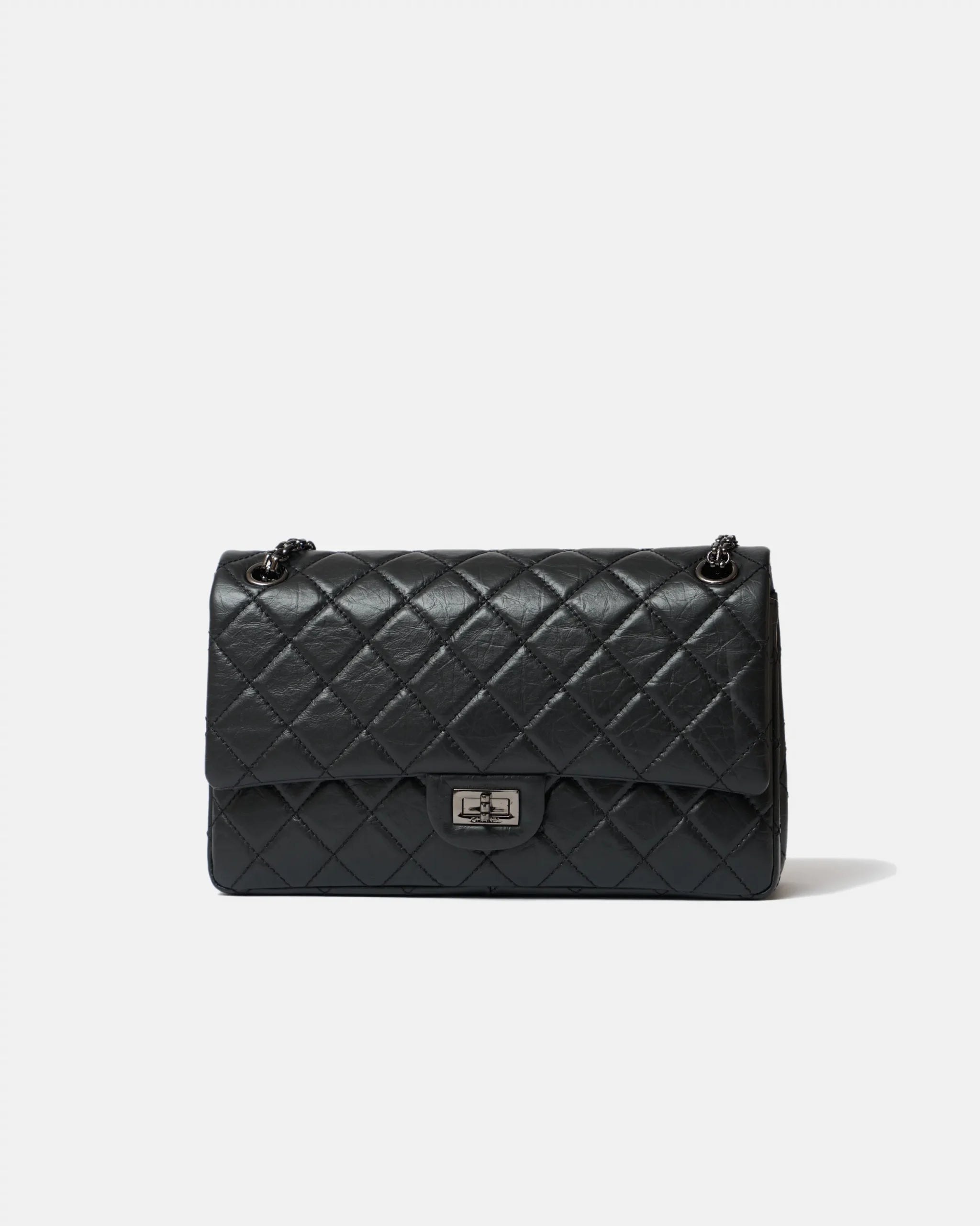 Chanel 2.55 Medium Black Aged Calfskin Black and Silver-Tone Metal
