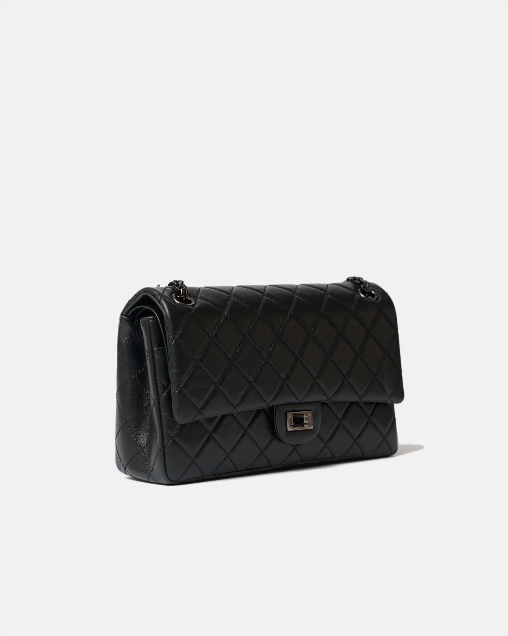 Chanel 2.55 Medium Black Aged Calfskin Black and Silver-Tone Metal