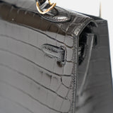 Hermès Kelly 25 Black Shiny Crocodile GHW