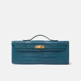 Hermès Bleu Paon Kelly Cut Croc Matte GHW