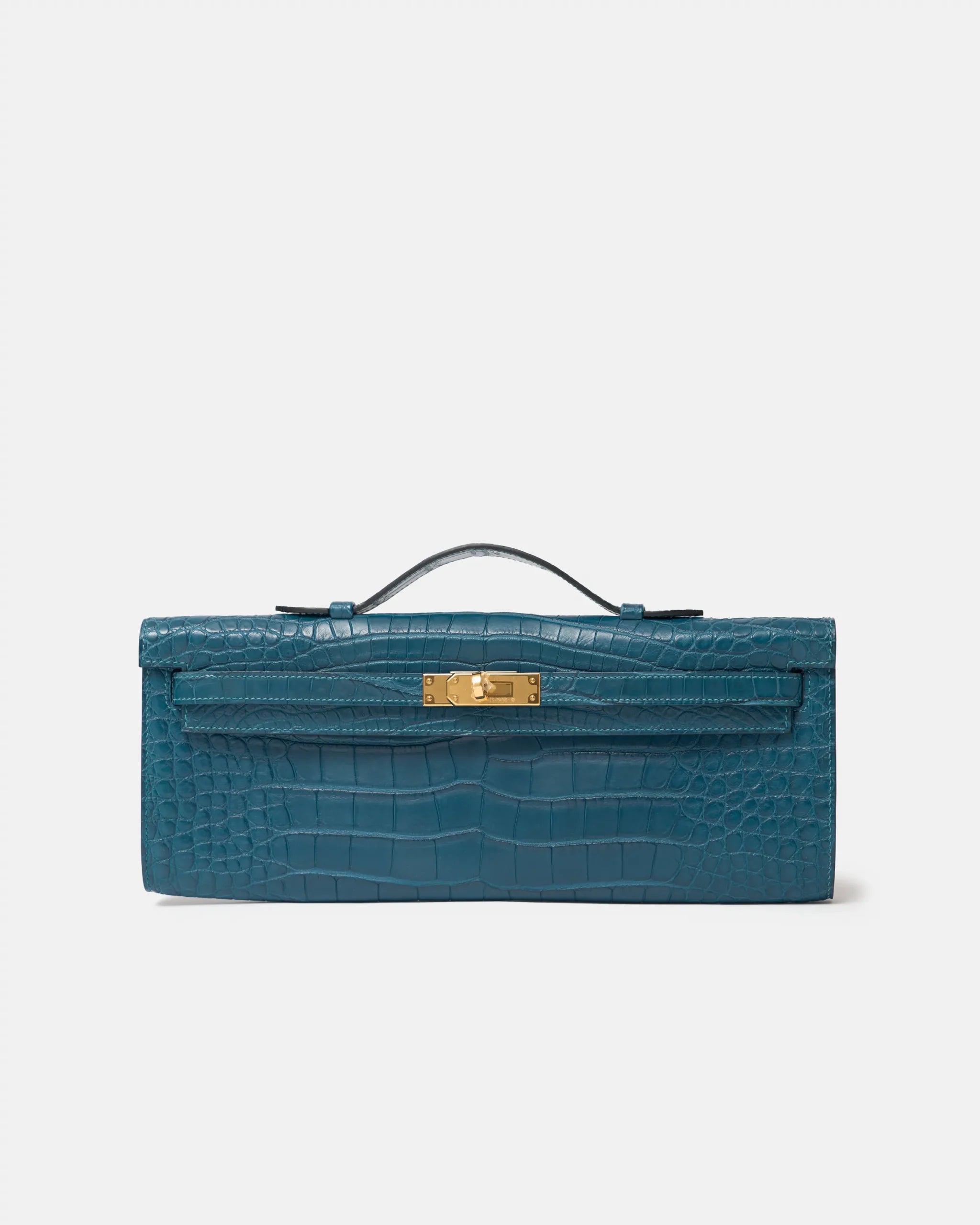 Hermès Bleu Paon Kelly Cut Croc Matte GHW