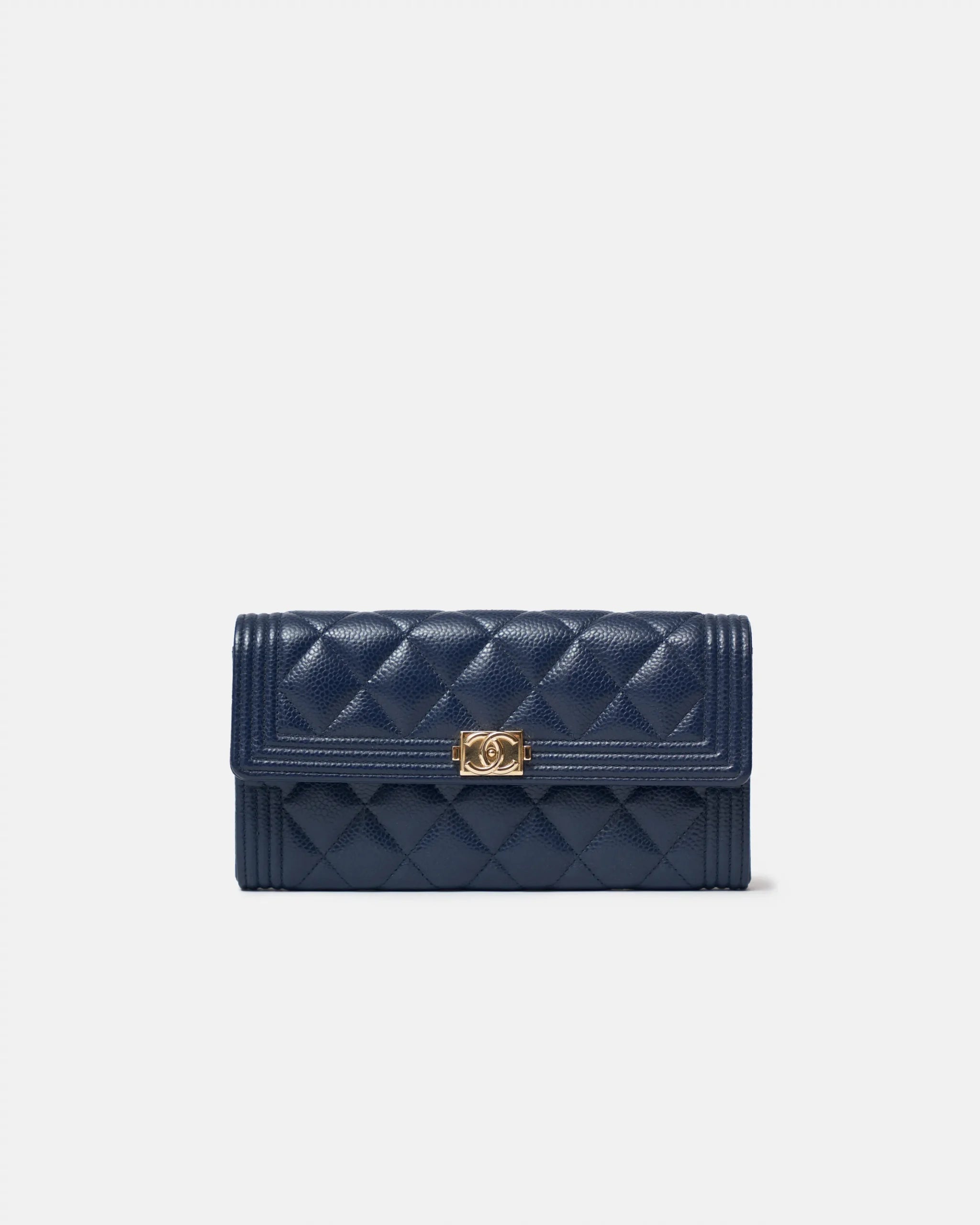 Chanel Boy Long Flap Wallet Blue Caviar Gold Hardware