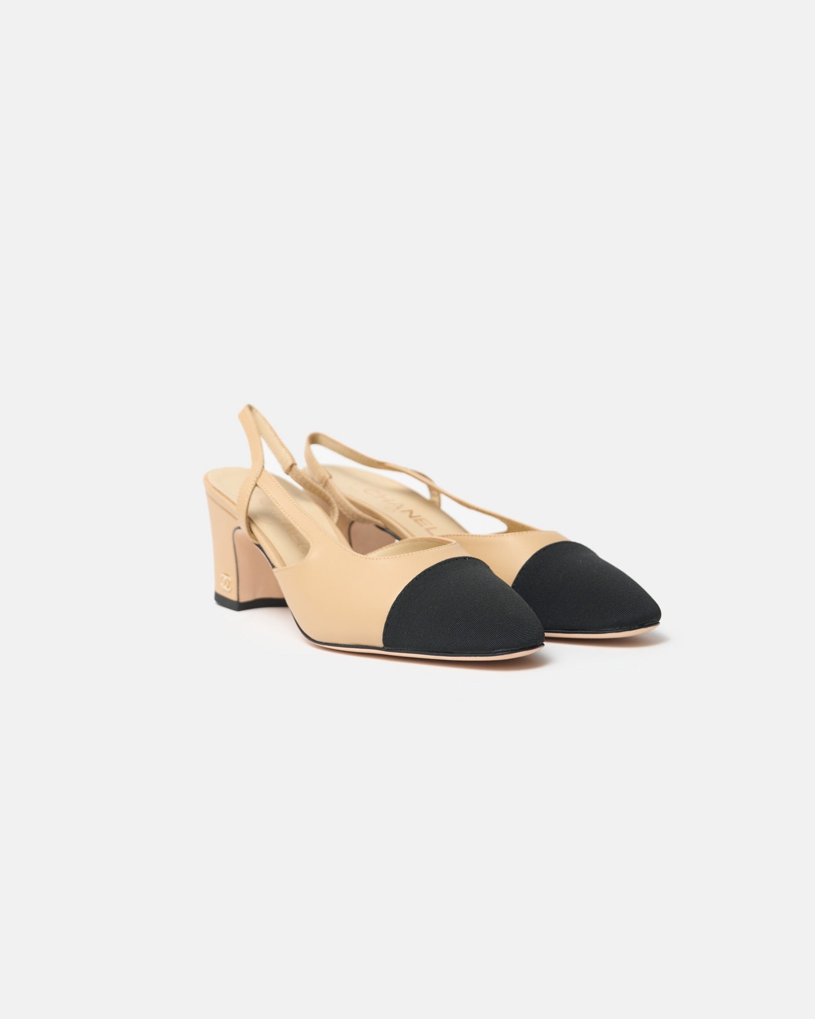 Chanel Beige Black Goatskin Grosgrain Slingback Sandals