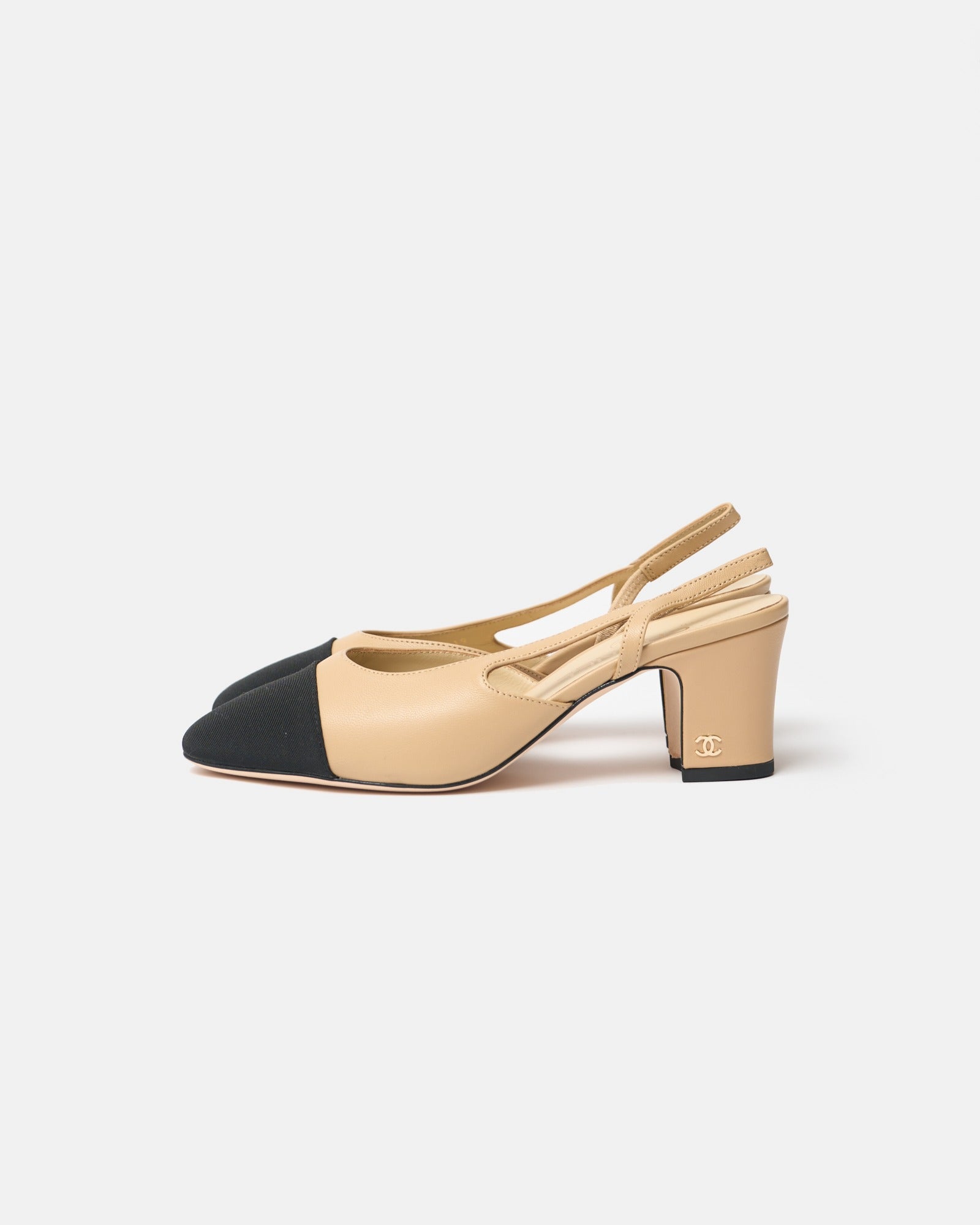 Chanel Beige Black Goatskin Grosgrain Slingback Sandals