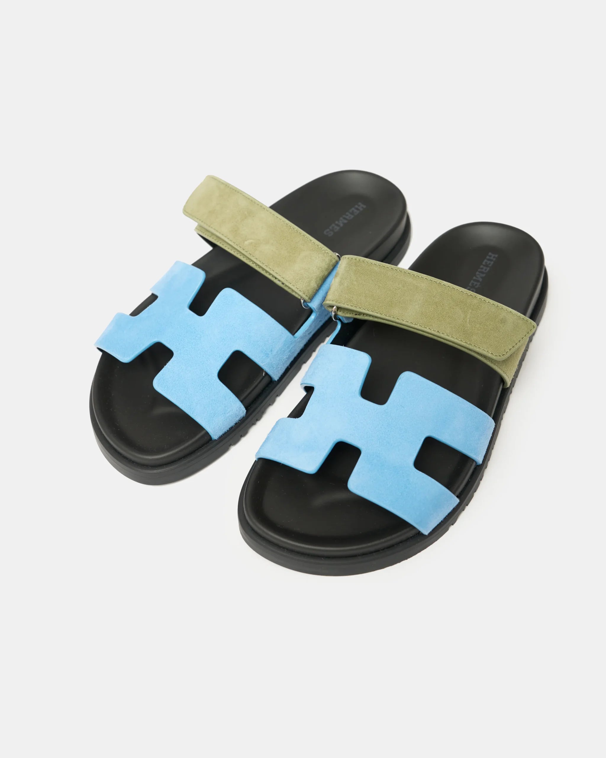 Hermès Chypre Bleu Cameo_ Vert Celadon Suede Sandals