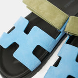 Hermès Chypre Bleu Cameo_ Vert Celadon Suede Sandals