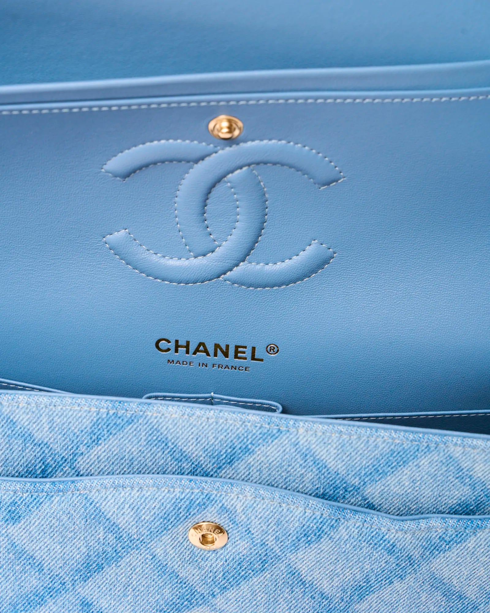 Chanel Classic Double Flap Medium Light Blue Denim Gold-Tone Metal