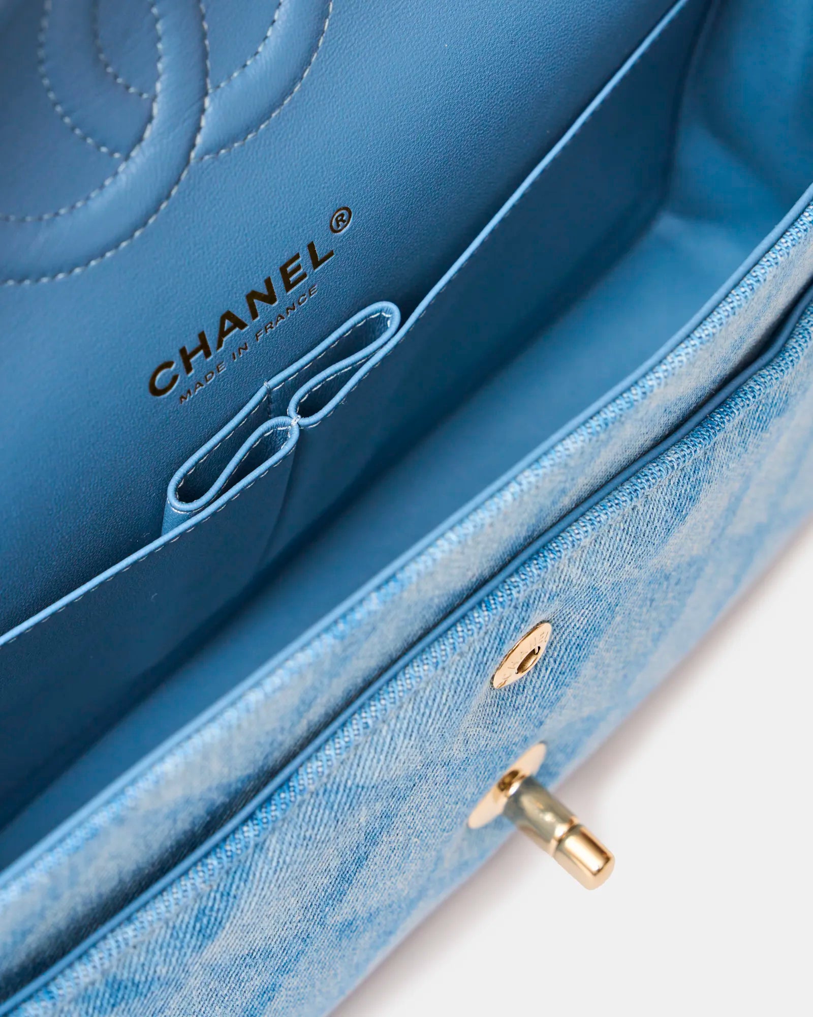 Chanel Classic Double Flap Medium Light Blue Denim Gold-Tone Metal