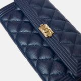 Chanel Boy Long Flap Wallet Blue Caviar Gold Hardware