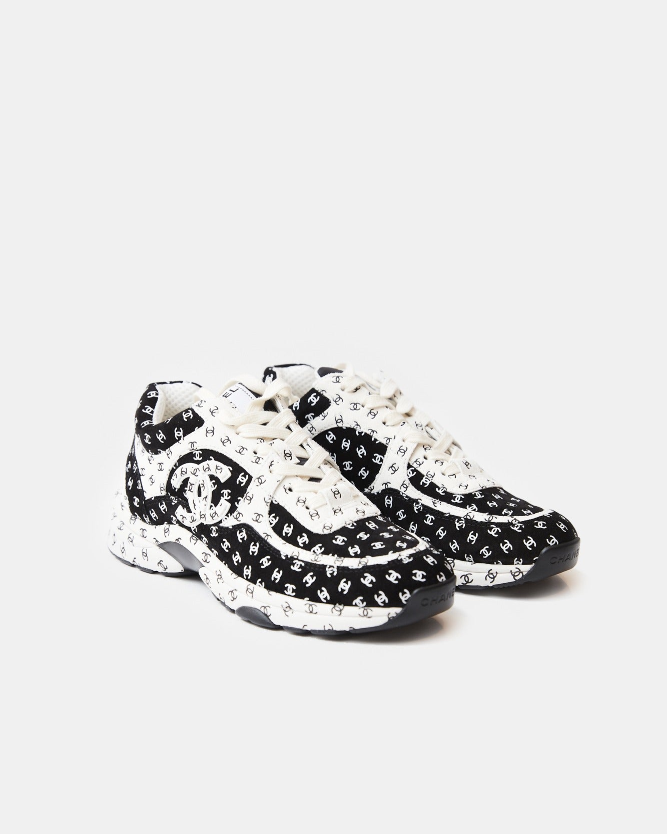 Chanel Printed Suede Calfskin Black White Sneakers
