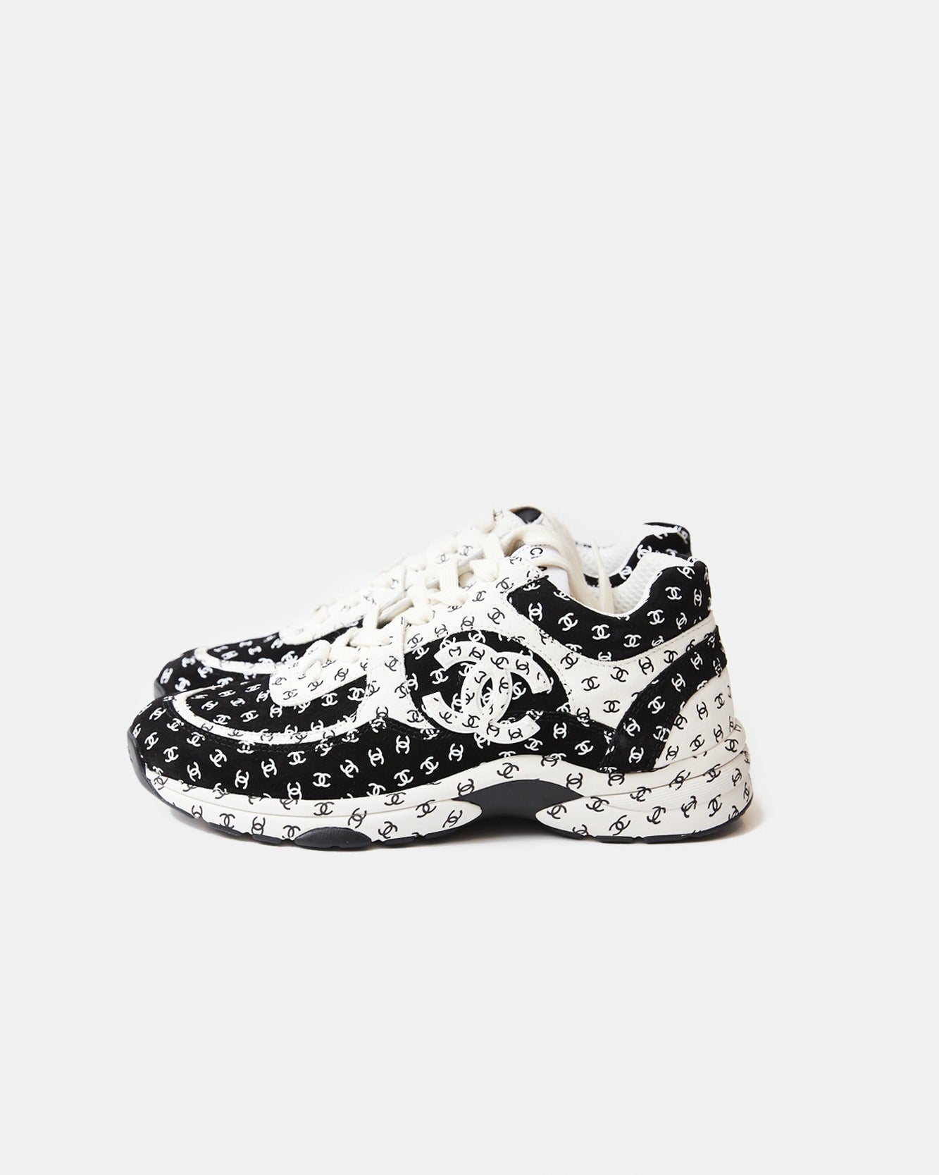 Chanel Printed Suede Calfskin Black White Sneakers