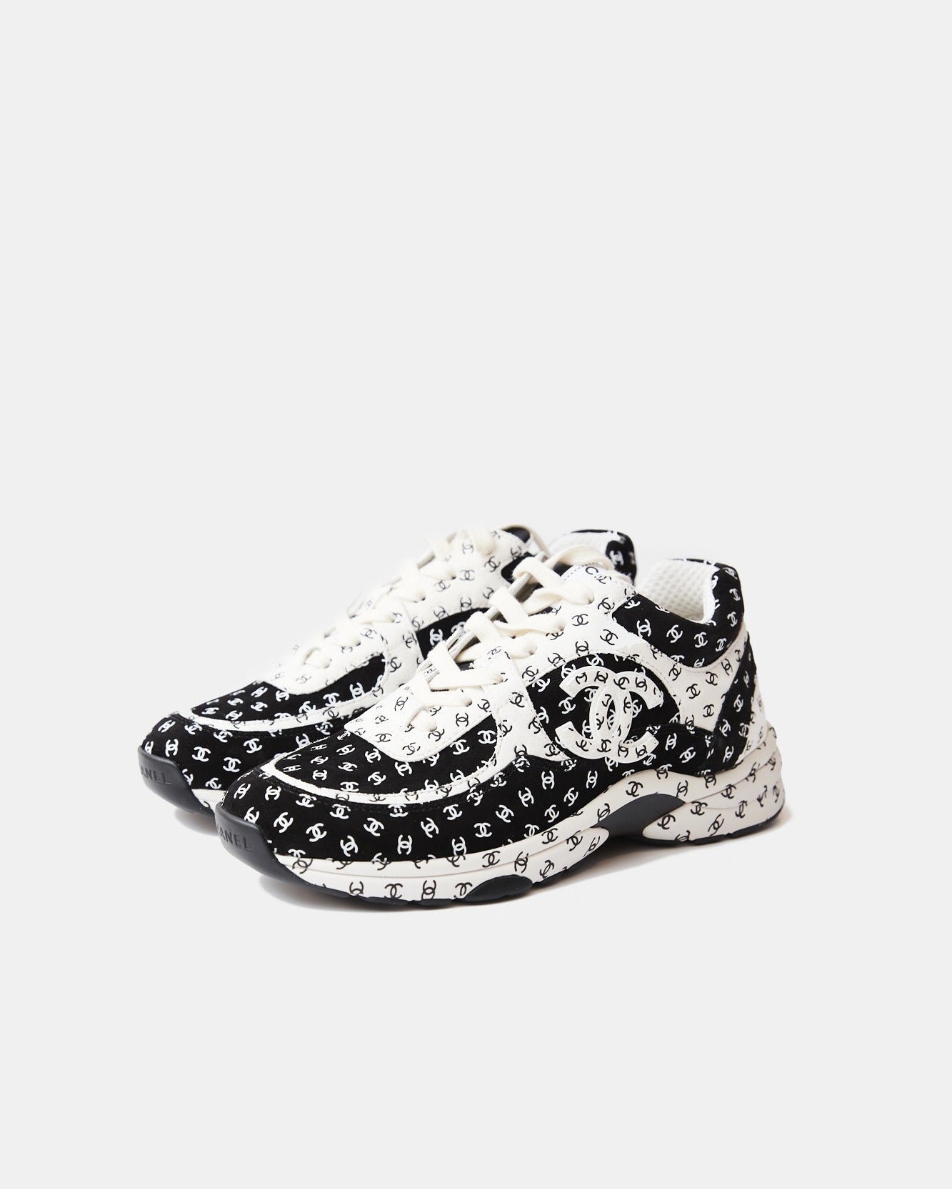 Chanel Printed Suede Calfskin Black White Sneakers