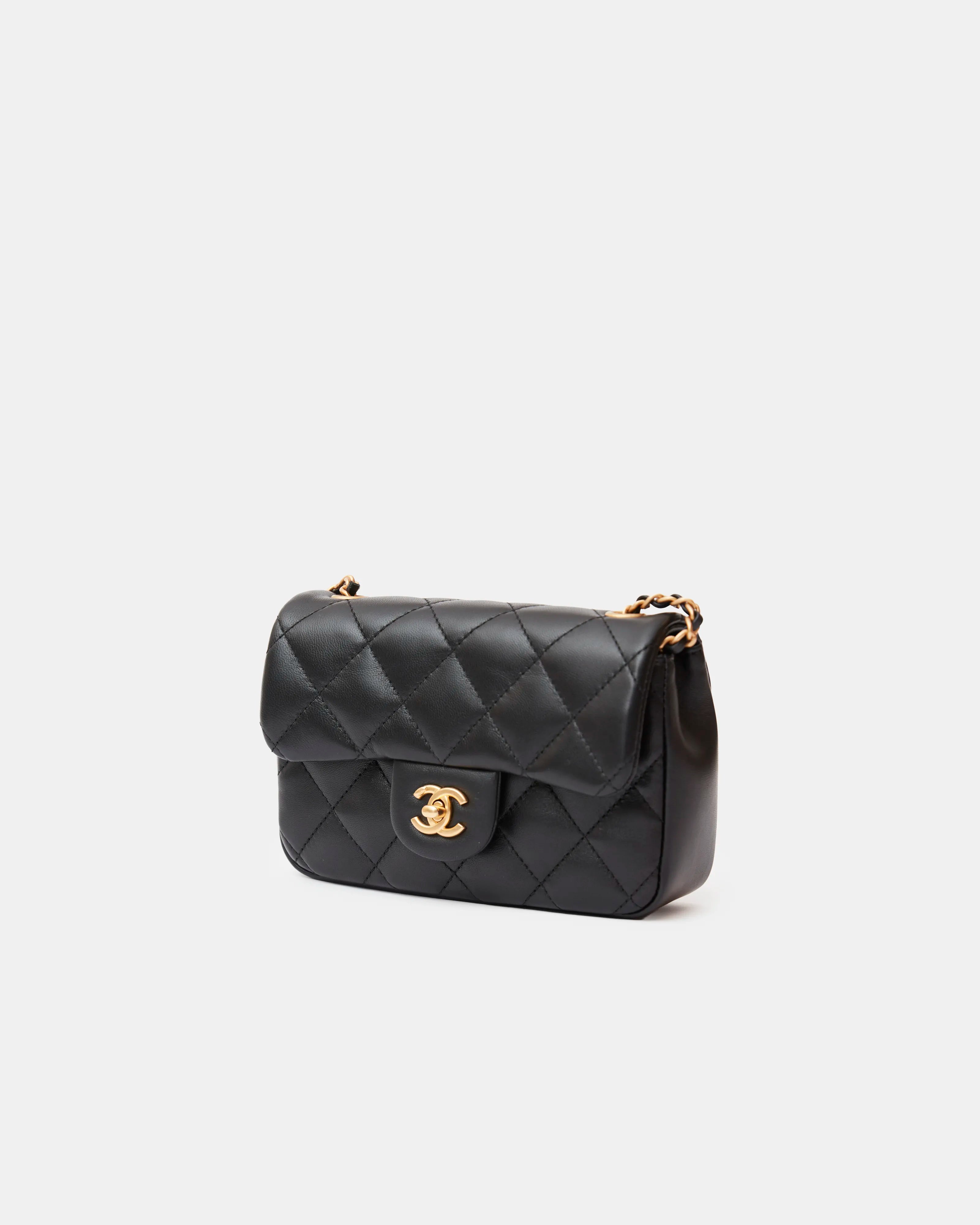 Chanel Mini Flap Bag Black Lambskin Gold-Tone Metal with Heart Chain