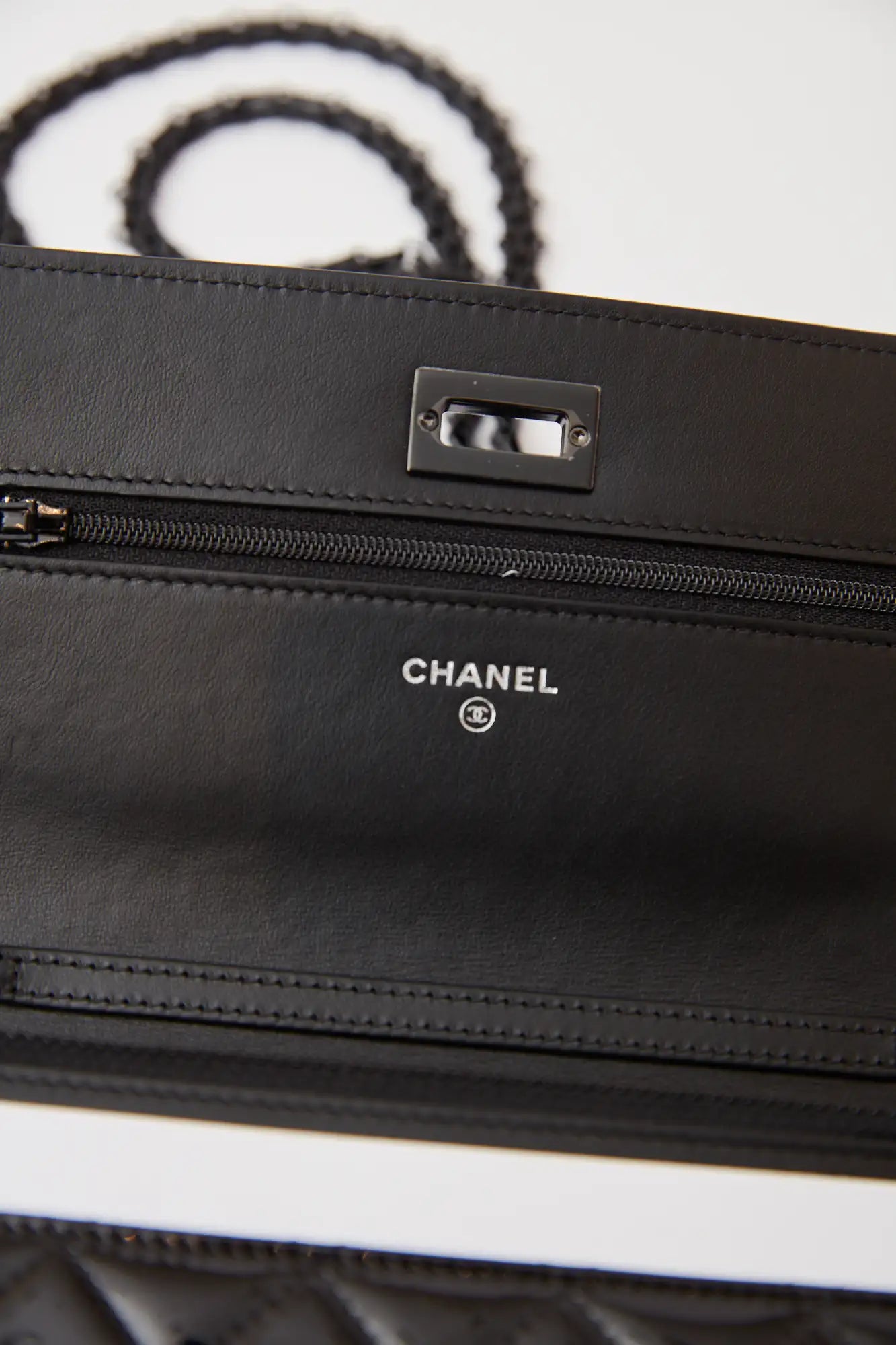 Chanel 2.55 Wallet On Chain Black Patent Calfskin Black Metal