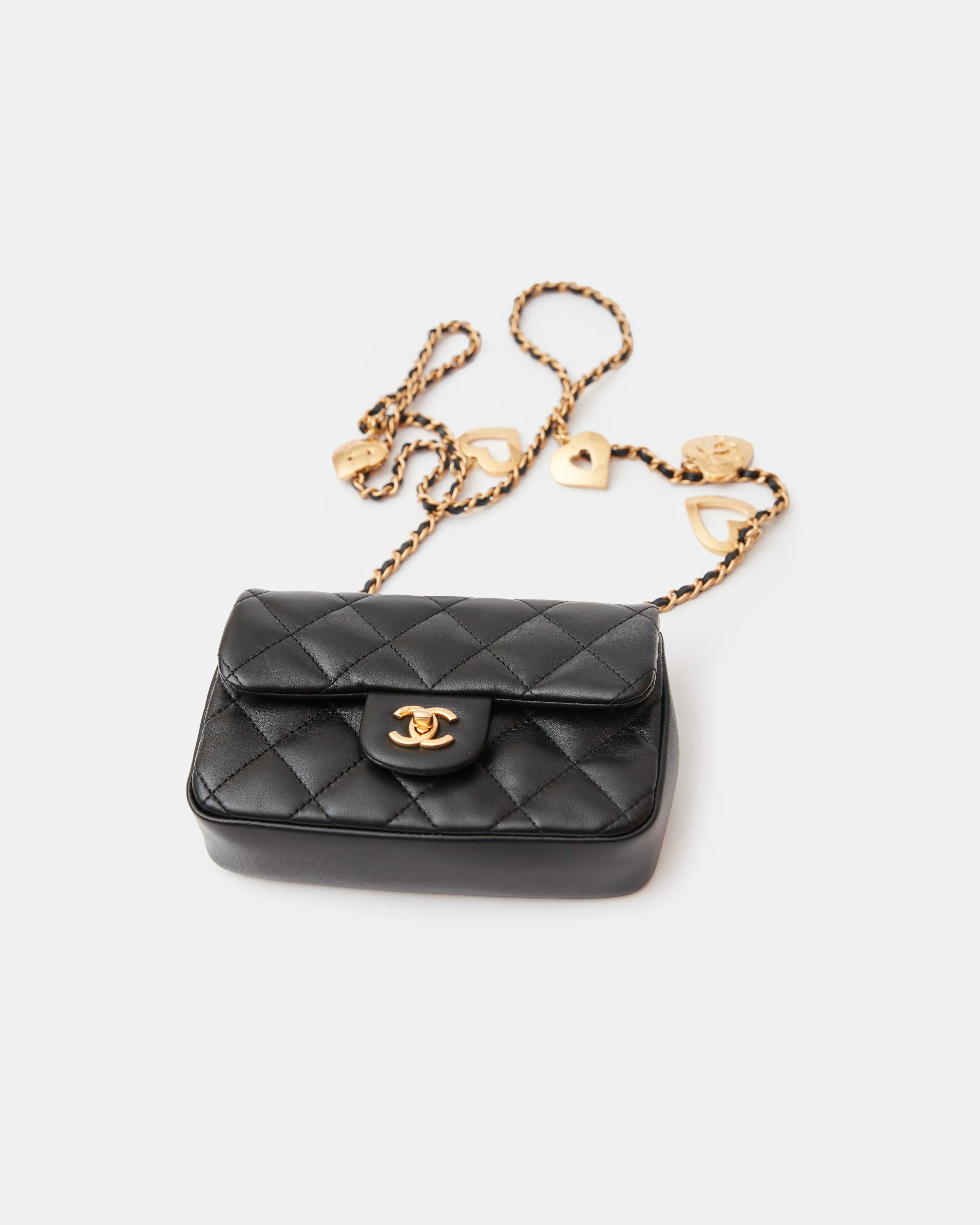 Chanel Mini Flap Bag Black Lambskin Gold-Tone Metal with Heart Chain