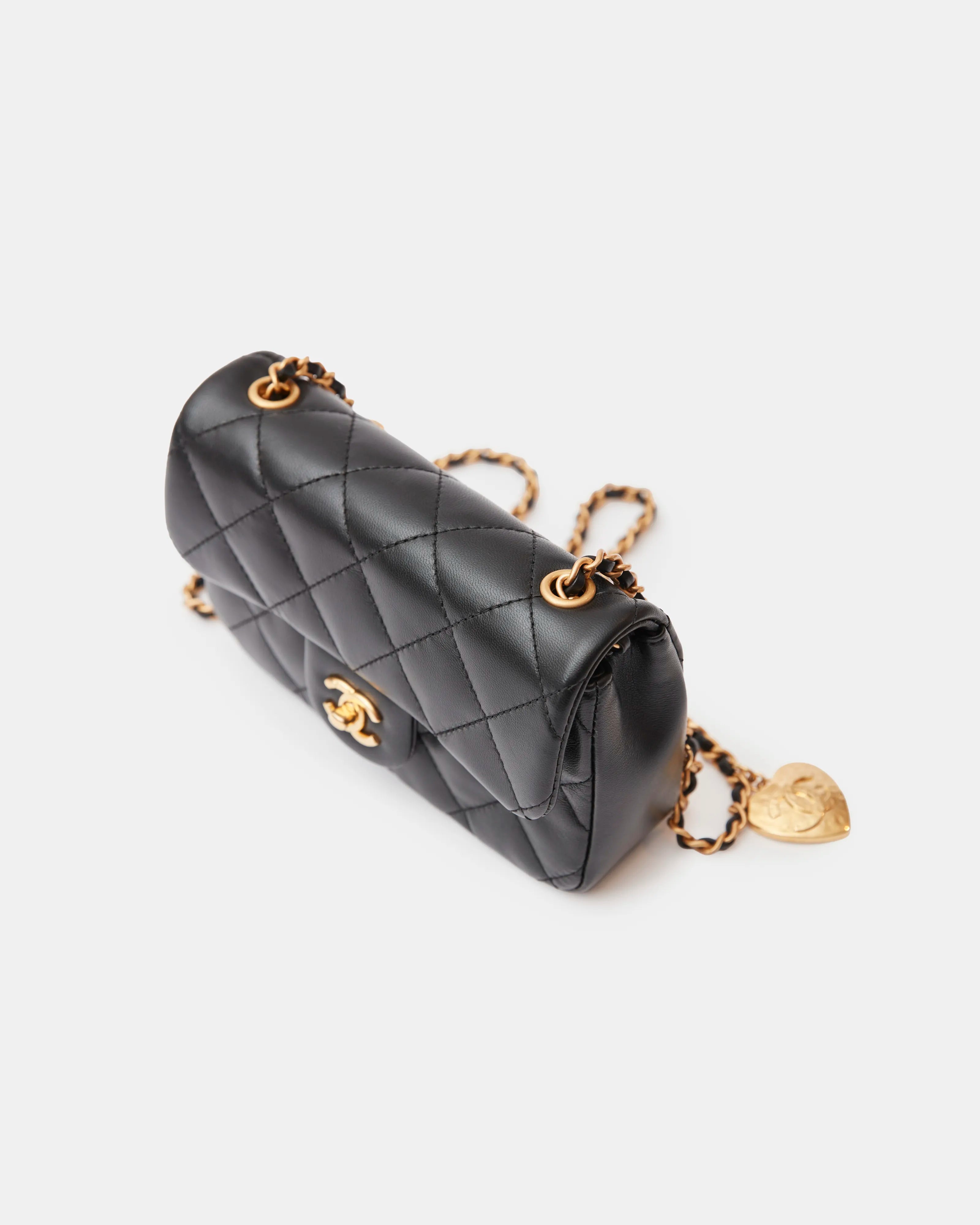 Chanel Mini Flap Bag Black Lambskin Gold-Tone Metal with Heart Chain