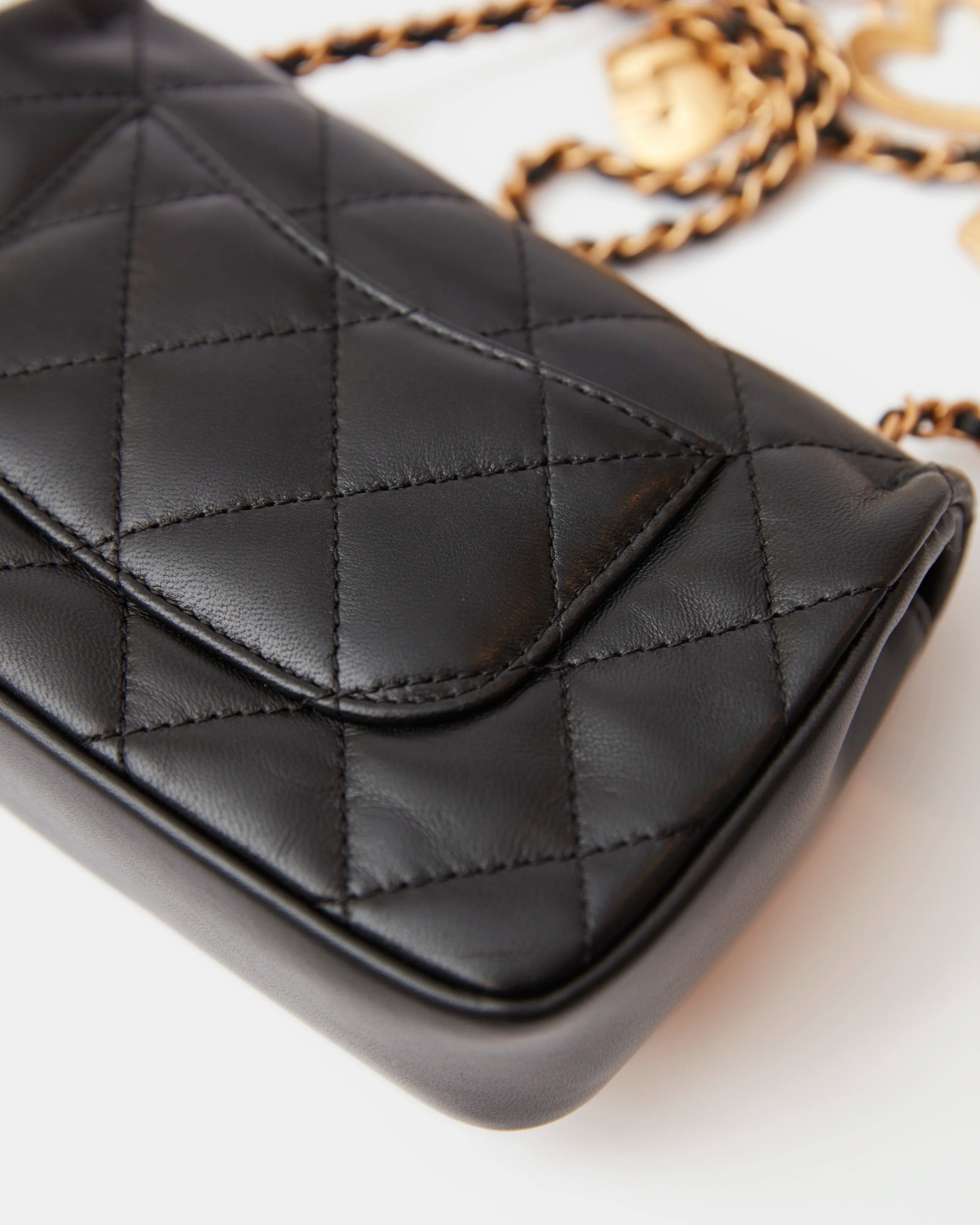 Chanel Mini Flap Bag Black Lambskin Gold-Tone Metal with Heart Chain