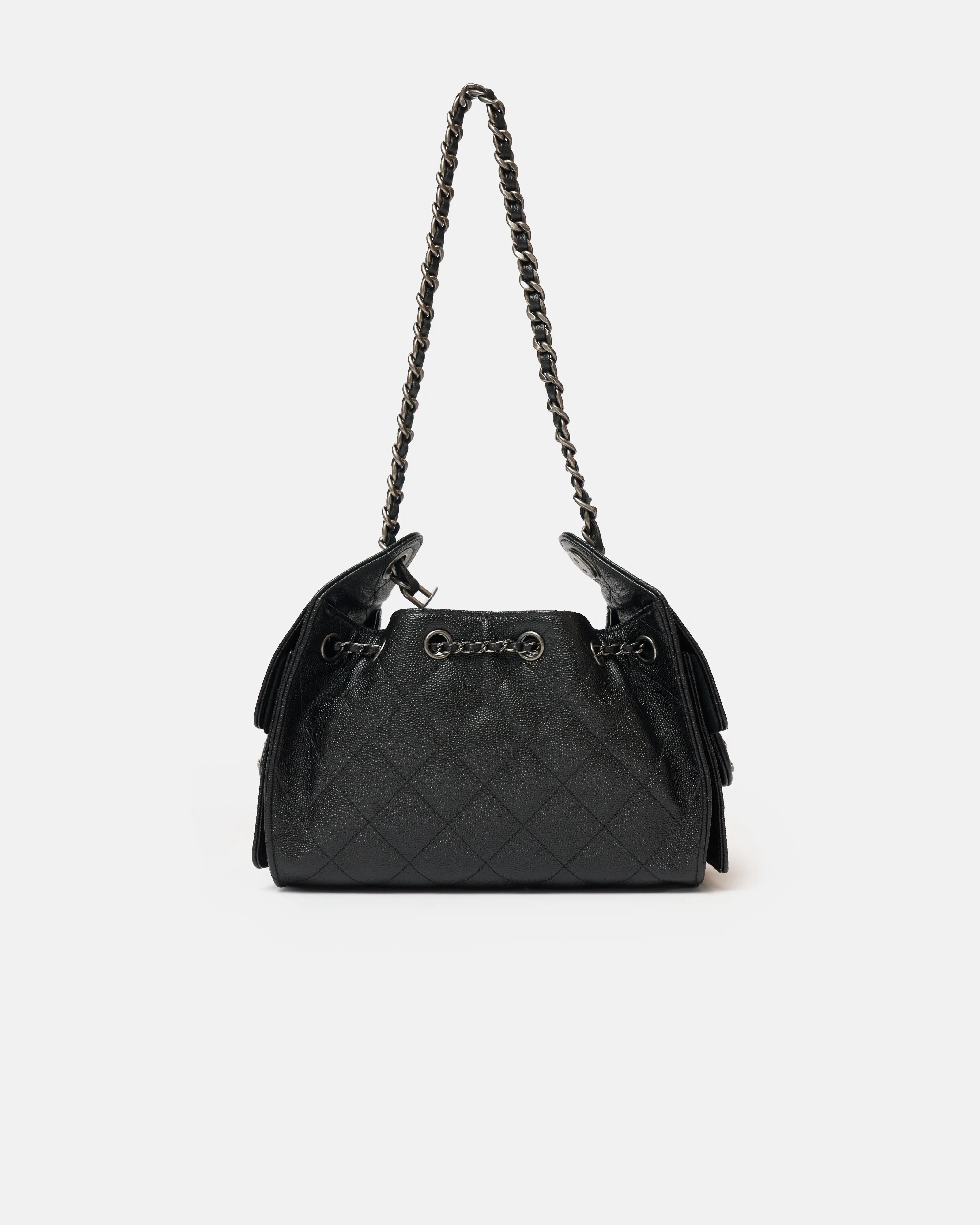 Chanel 25 shoulder bag in black color and grained calfskin material in PHW 