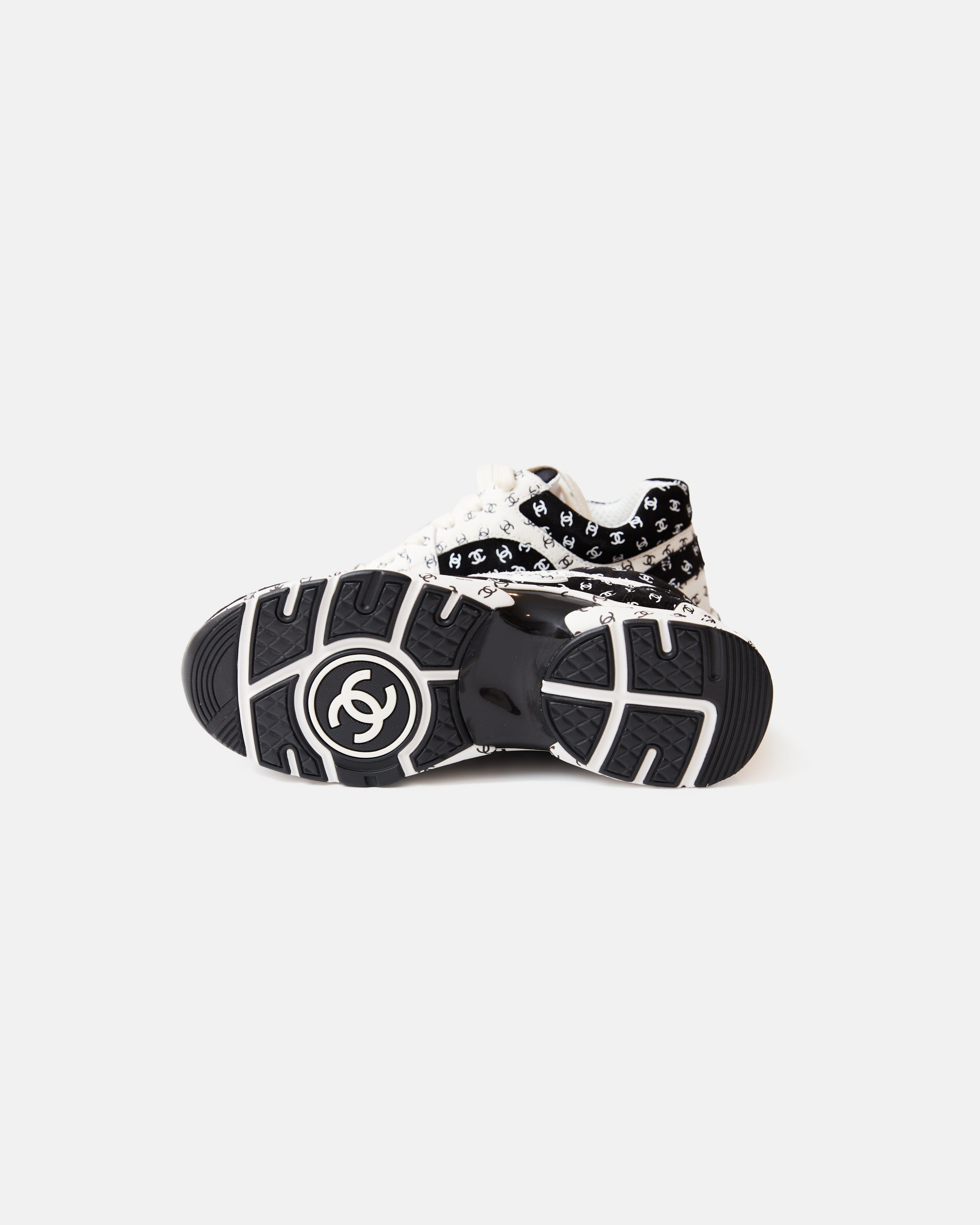 Chanel Printed Suede Calfskin Black White Sneakers
