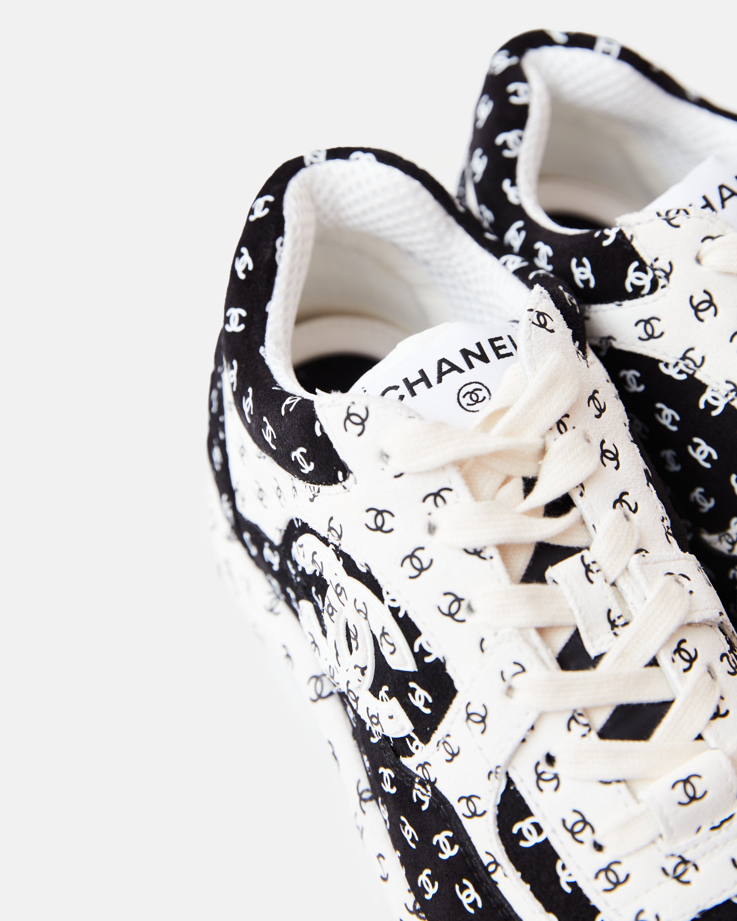 Chanel Printed Suede Calfskin Black White Sneakers