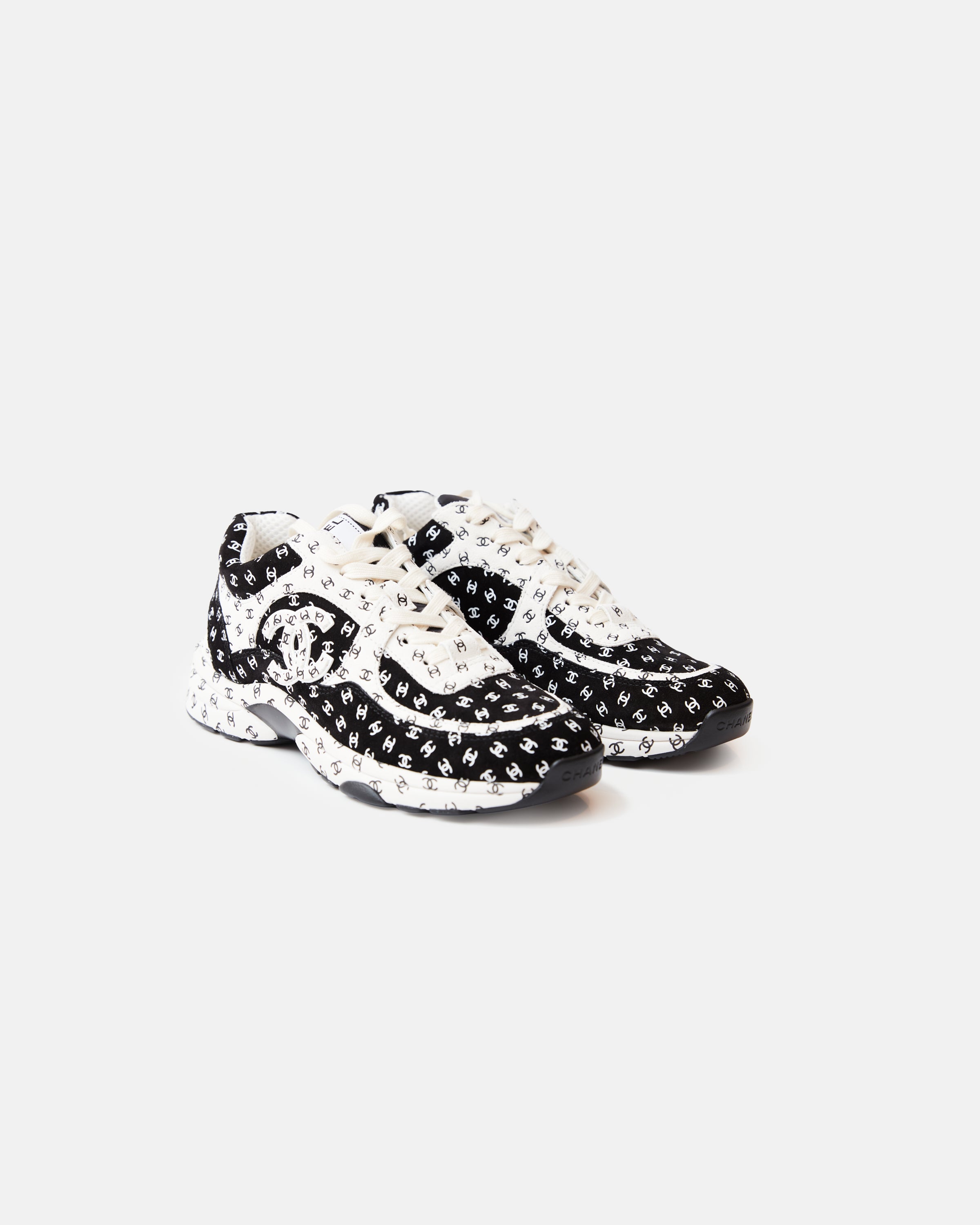 Chanel Printed Suede Calfskin Black White Sneakers
