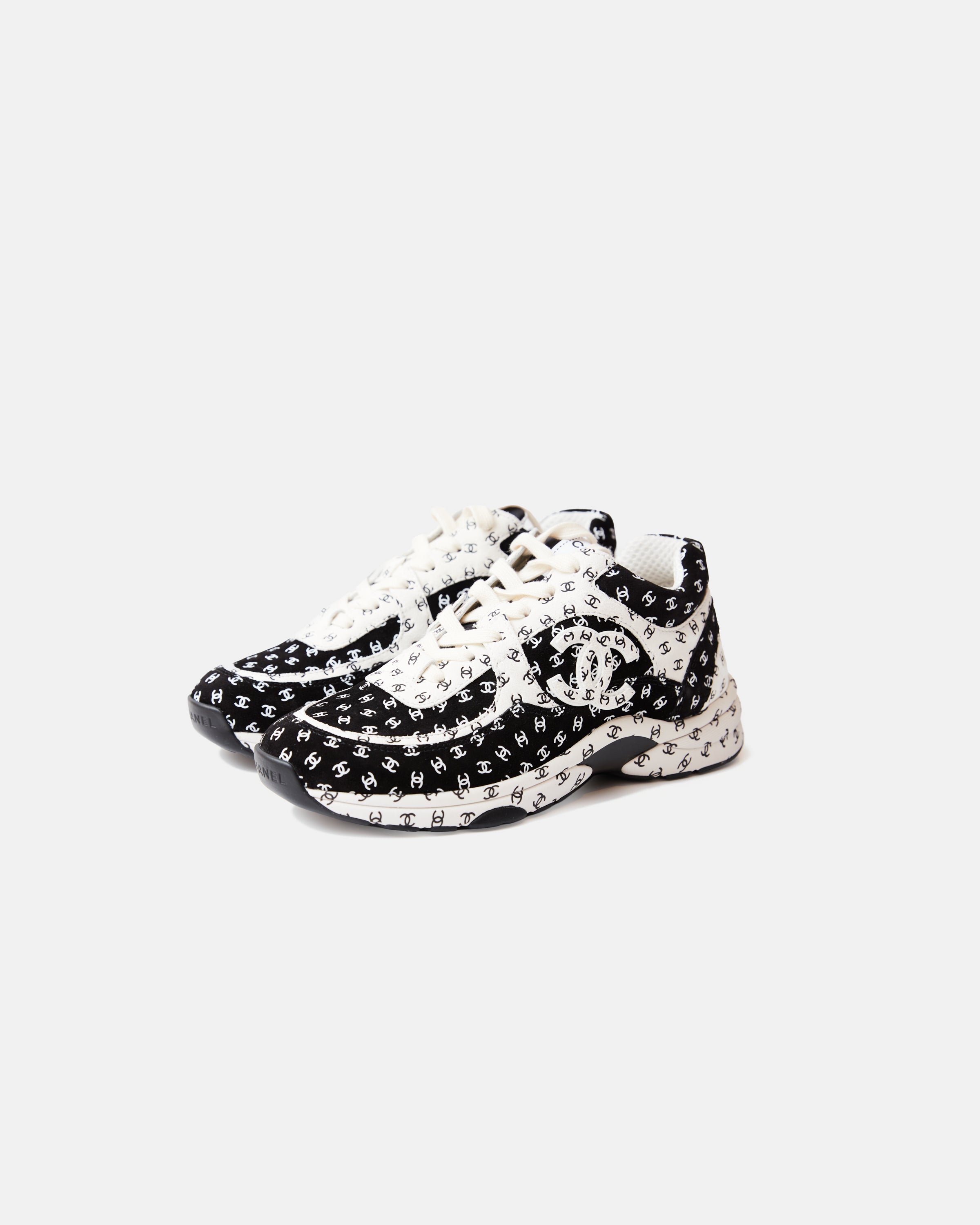 Chanel Printed Suede Calfskin Black White Sneakers