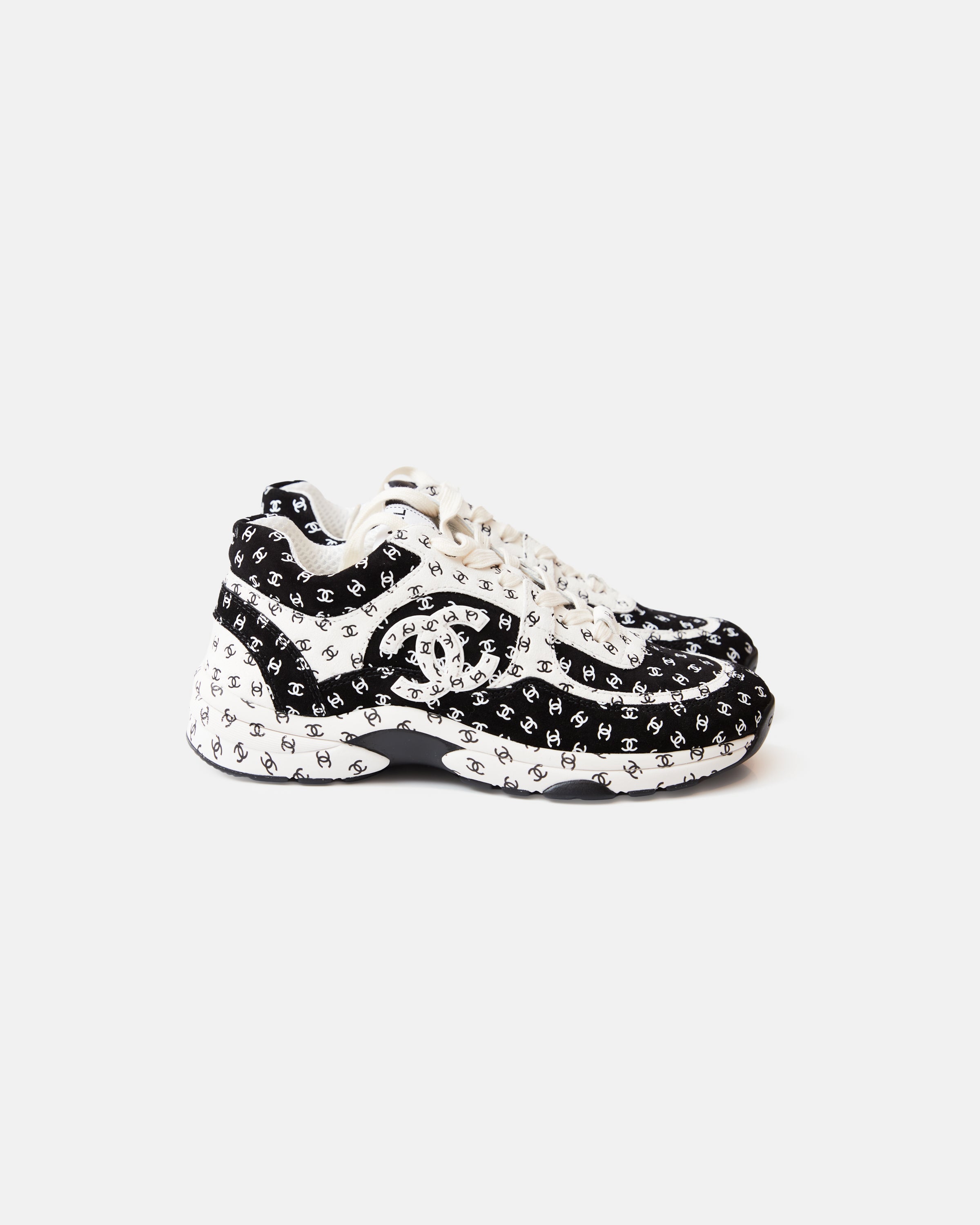 Chanel Printed Suede Calfskin Black White Sneakers