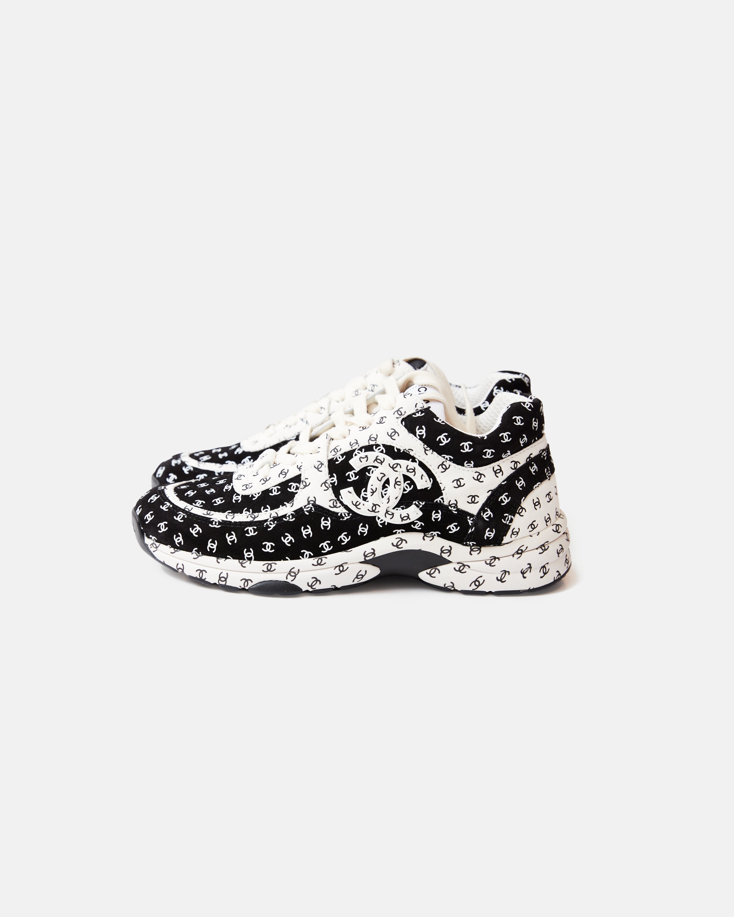 Chanel Printed Suede Calfskin Black White Sneakers