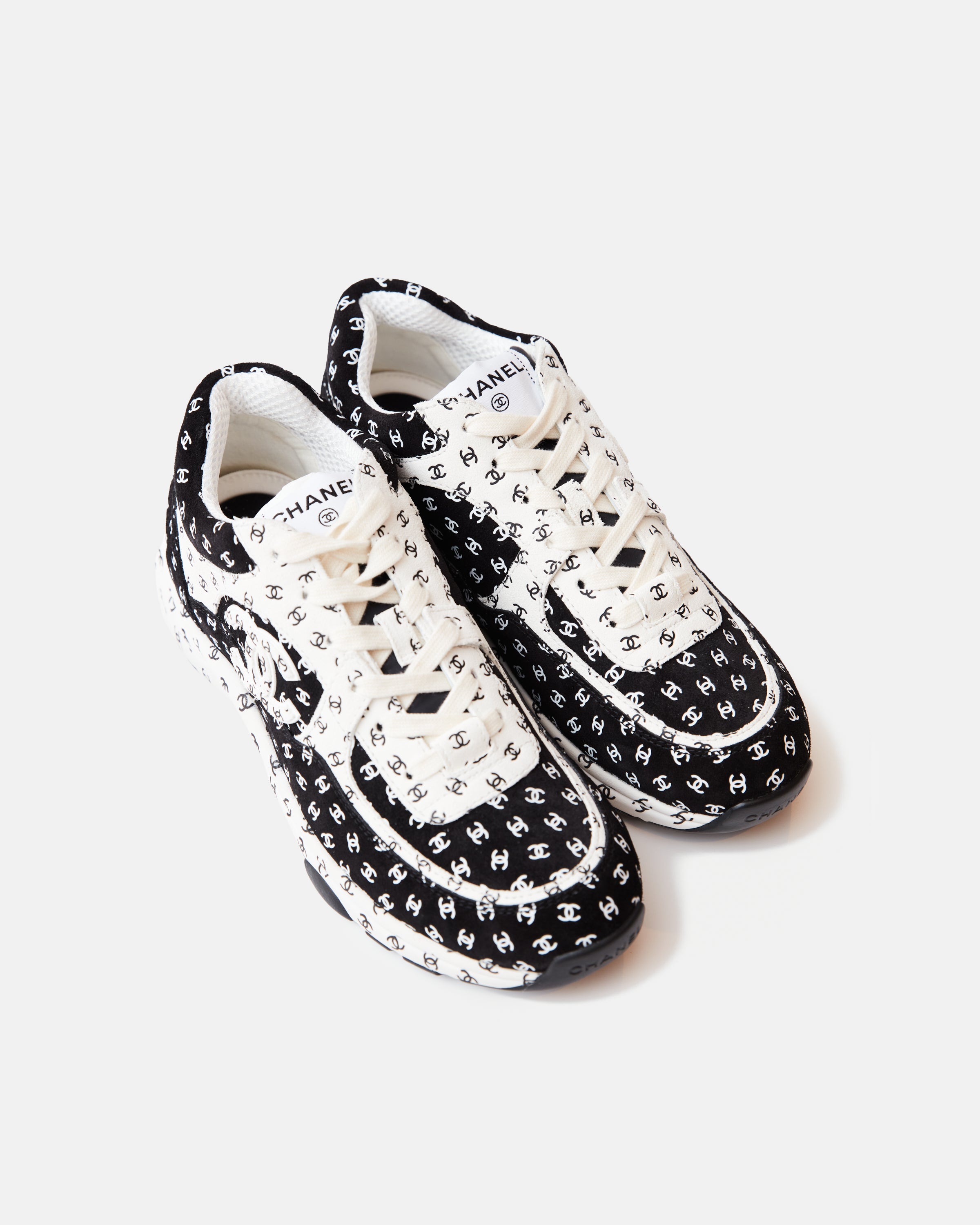 Chanel Printed Suede Calfskin Black White Sneakers