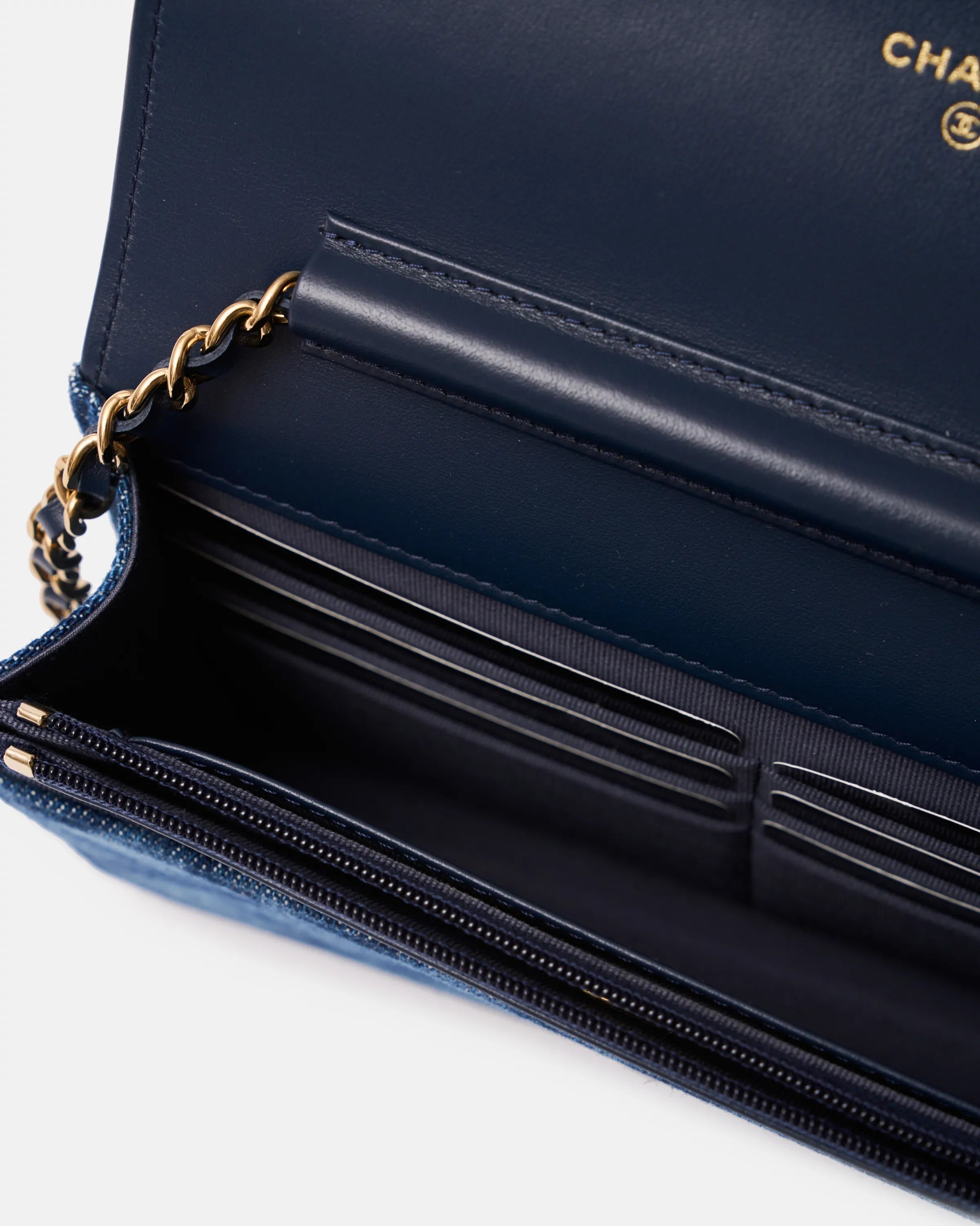 Chanel Classic Wallet On Chain Dark Blue Denim Gold-Tone Metal