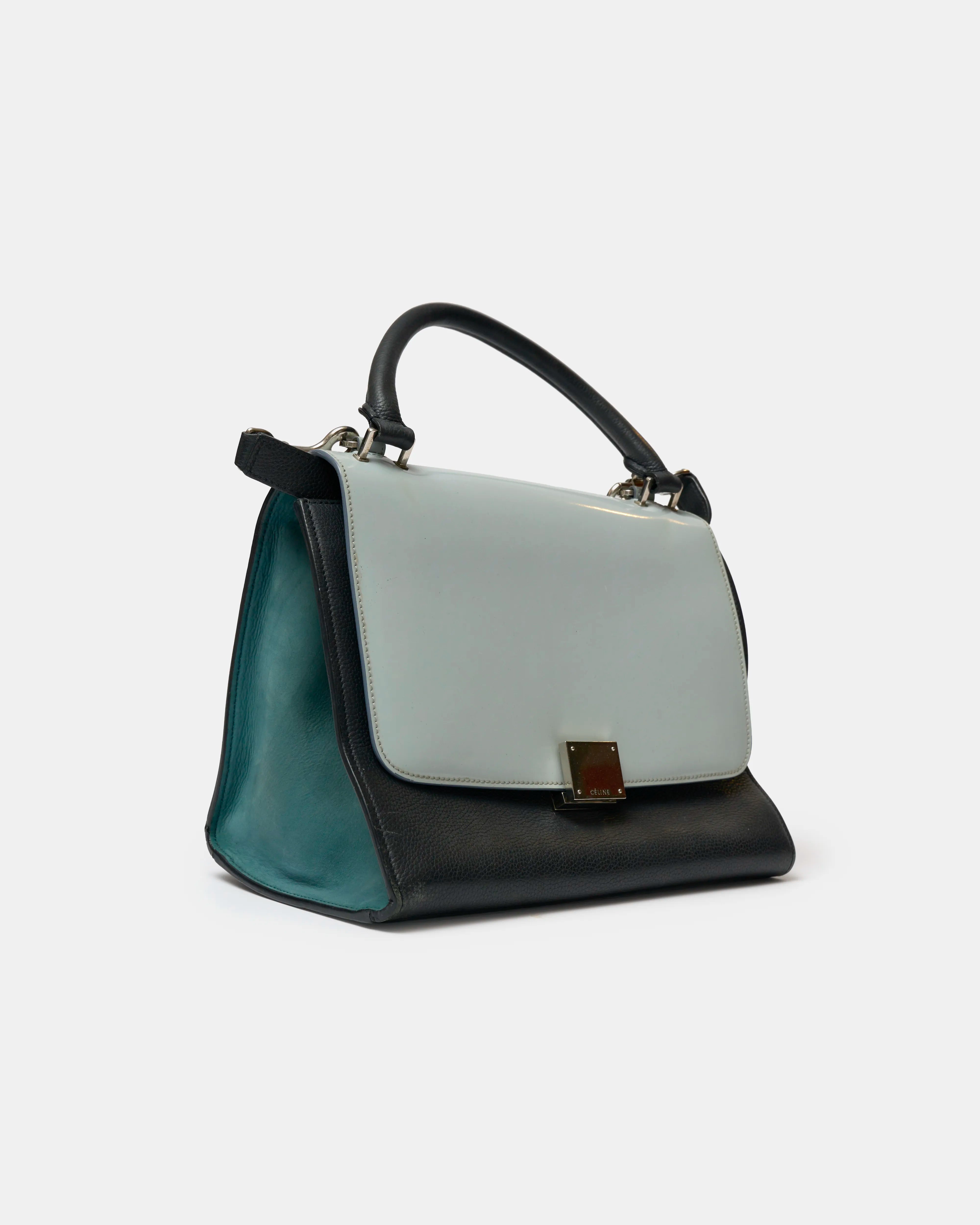 Céline Trapeze Top Handle Bag Light Blue Teal & Black Calfskin PHW