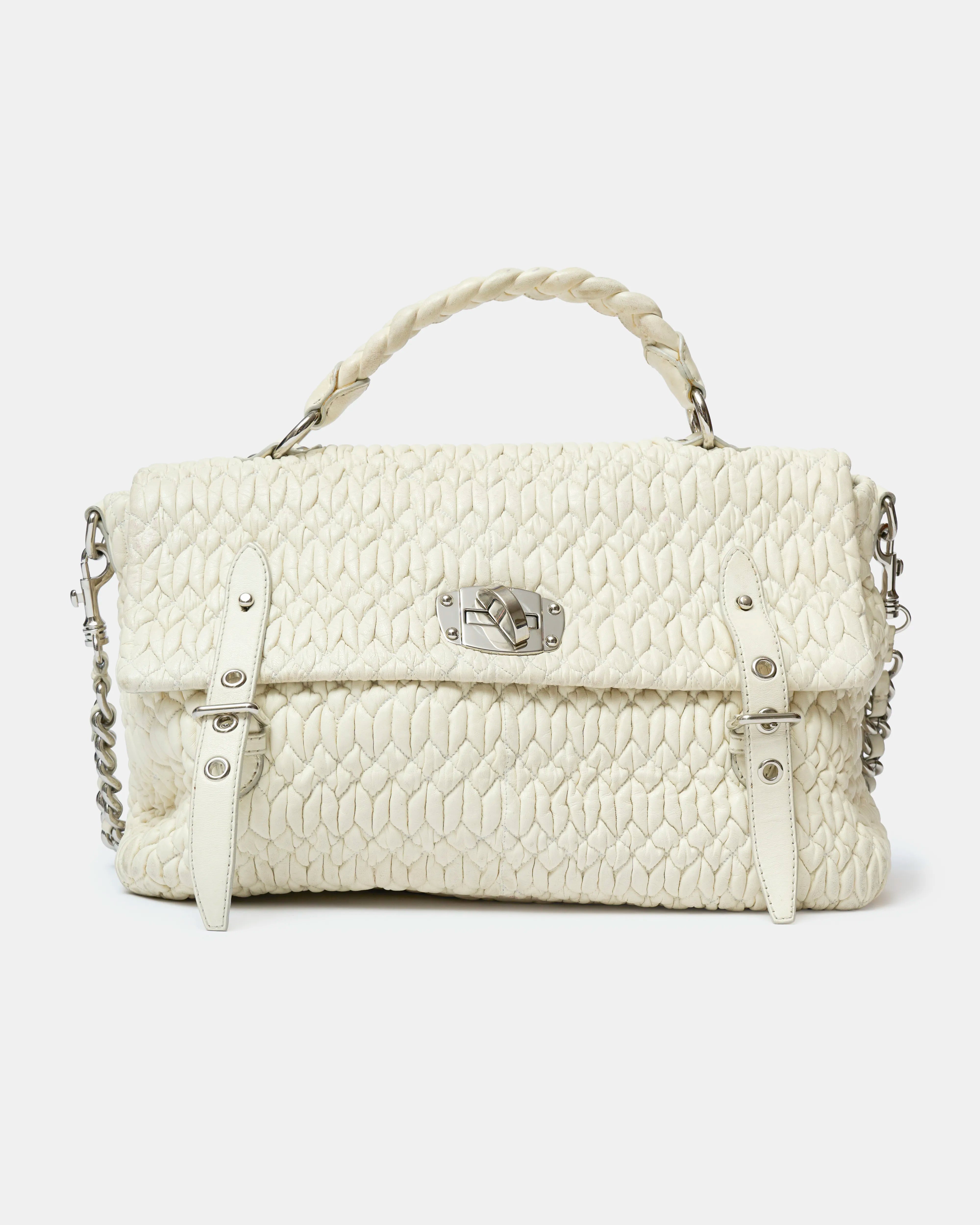 Miu Miu Matelassé Top Handle Bag White Leather PHW