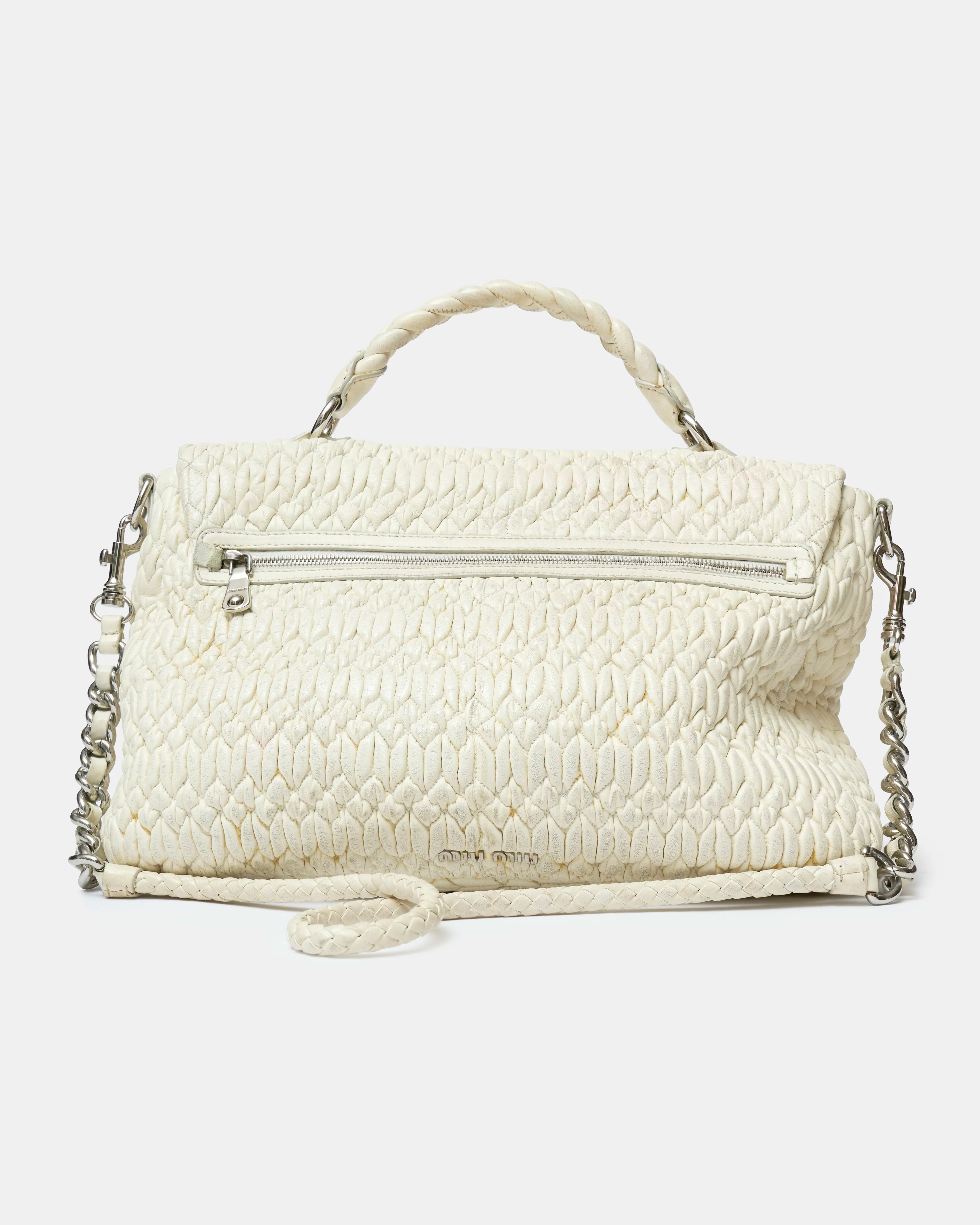 Miu Miu Matelassé Top Handle Bag White Leather PHW