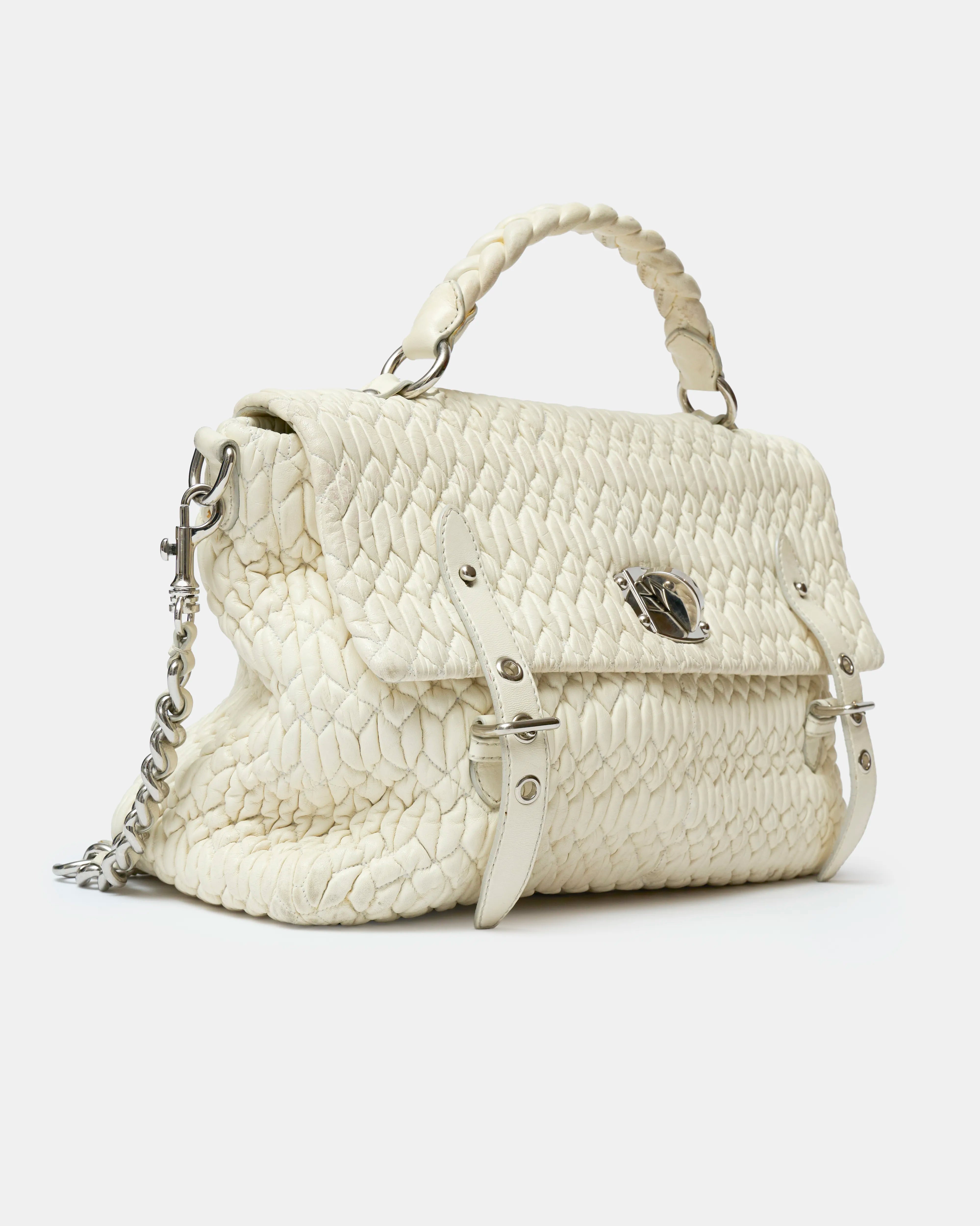 Miu Miu Matelassé Top Handle Bag White Leather PHW