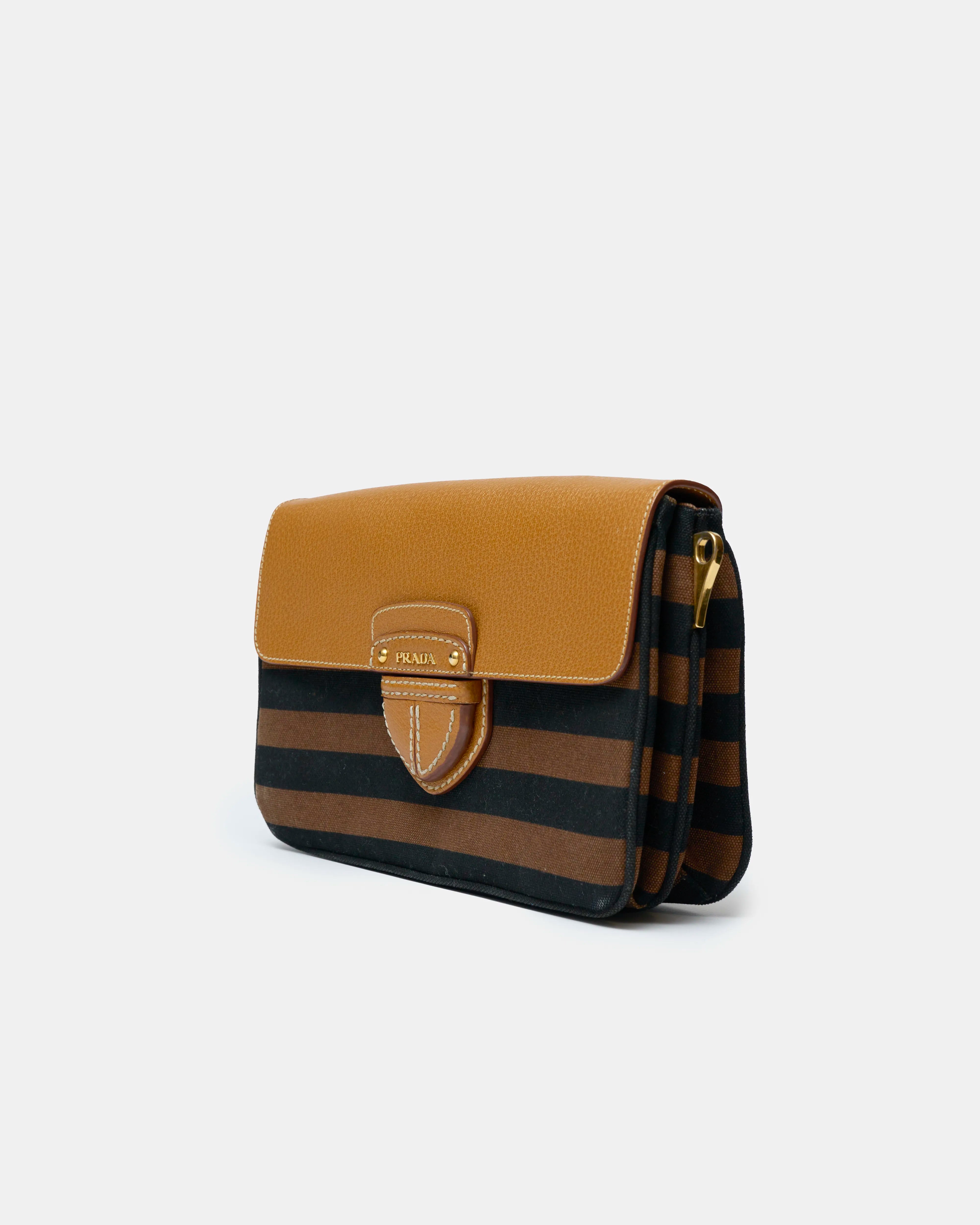 Prada Crossbody Bag Brown & Black Canvas Leather GHW