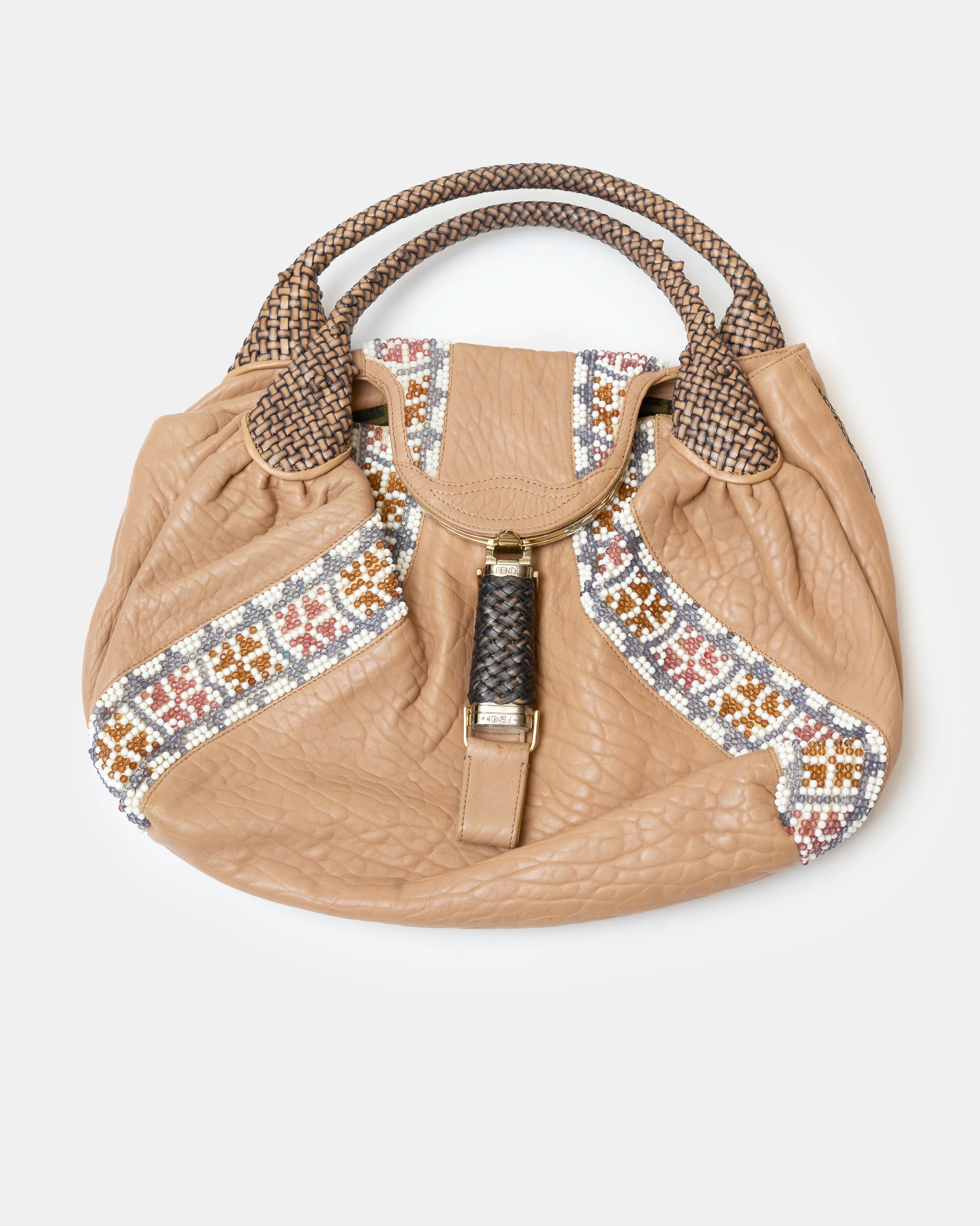 Fendi Spy Bag Beige Leather Beaded Detail GHW