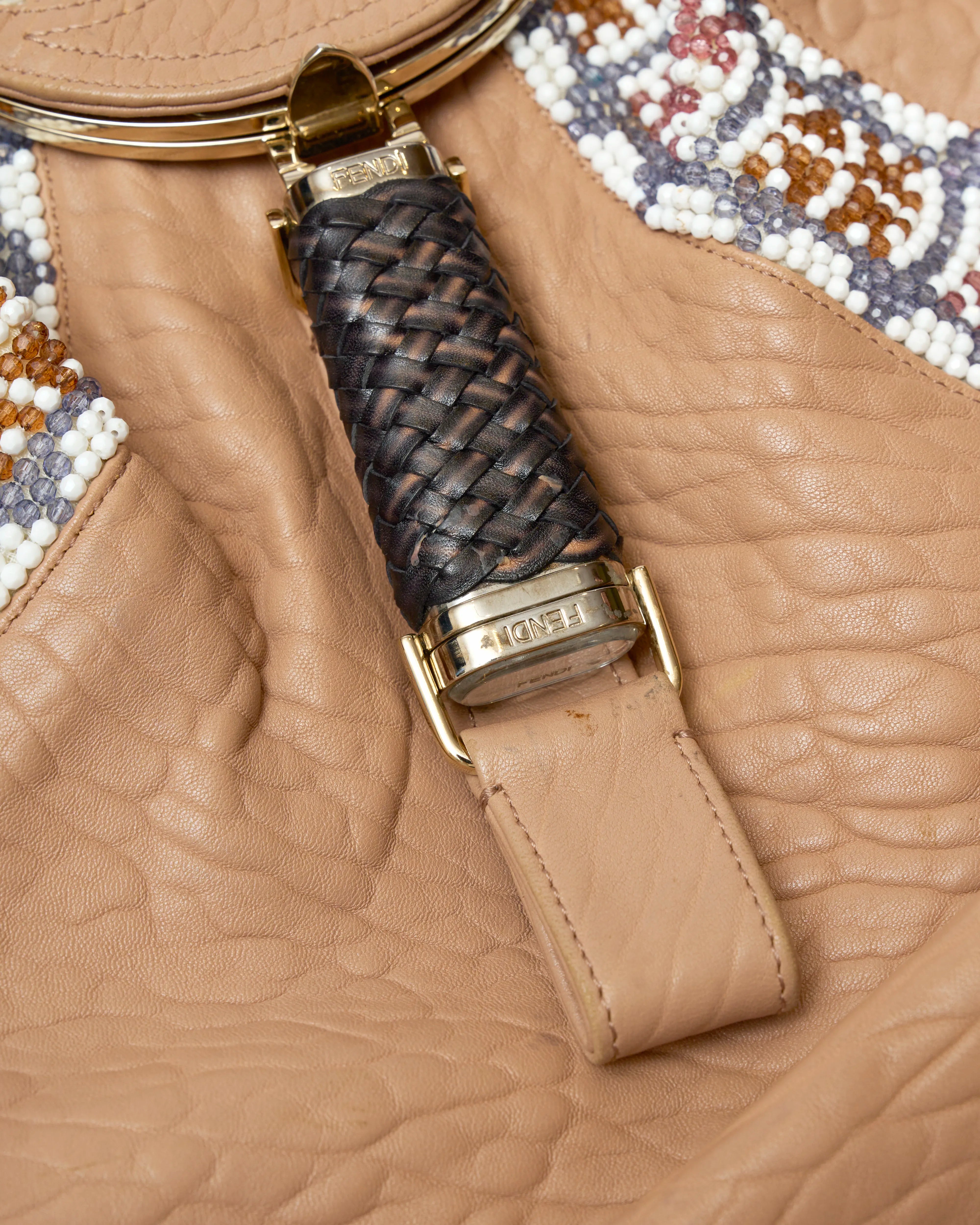 Fendi Spy Bag Beige Leather Beaded Detail GHW