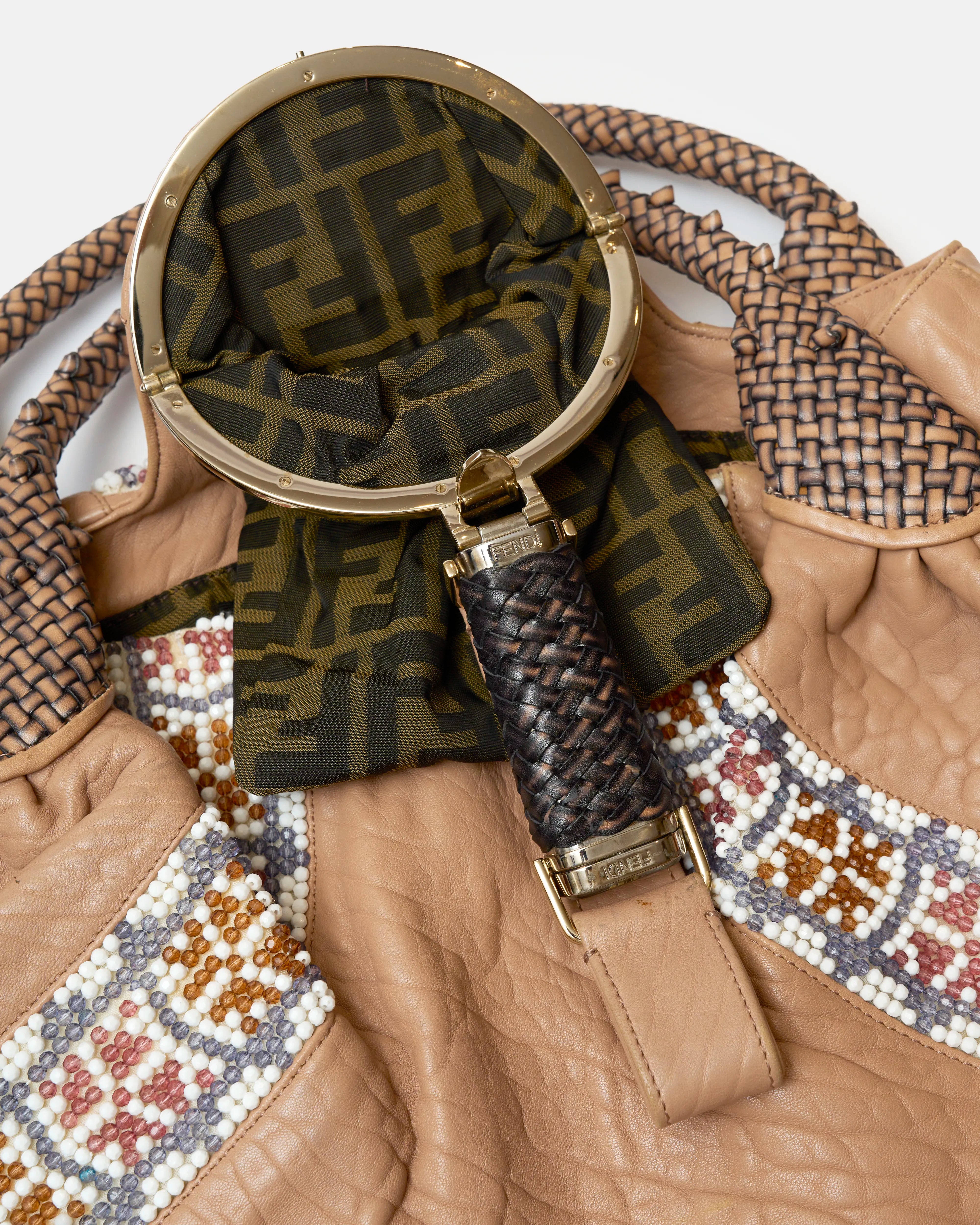 Fendi Spy Bag Beige Leather Beaded Detail GHW