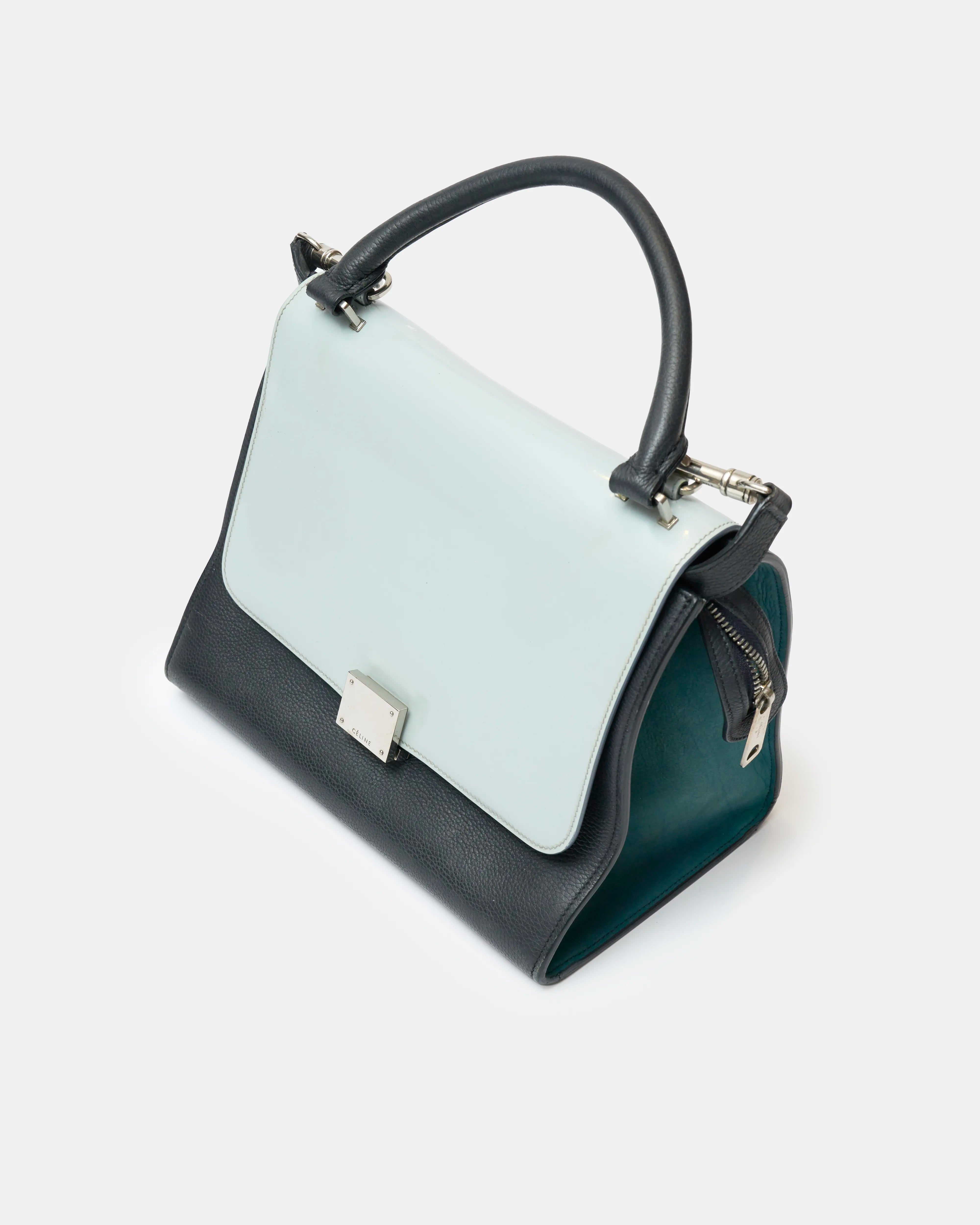 Céline trapeze top handle bag light blue teal & black calfskin phw