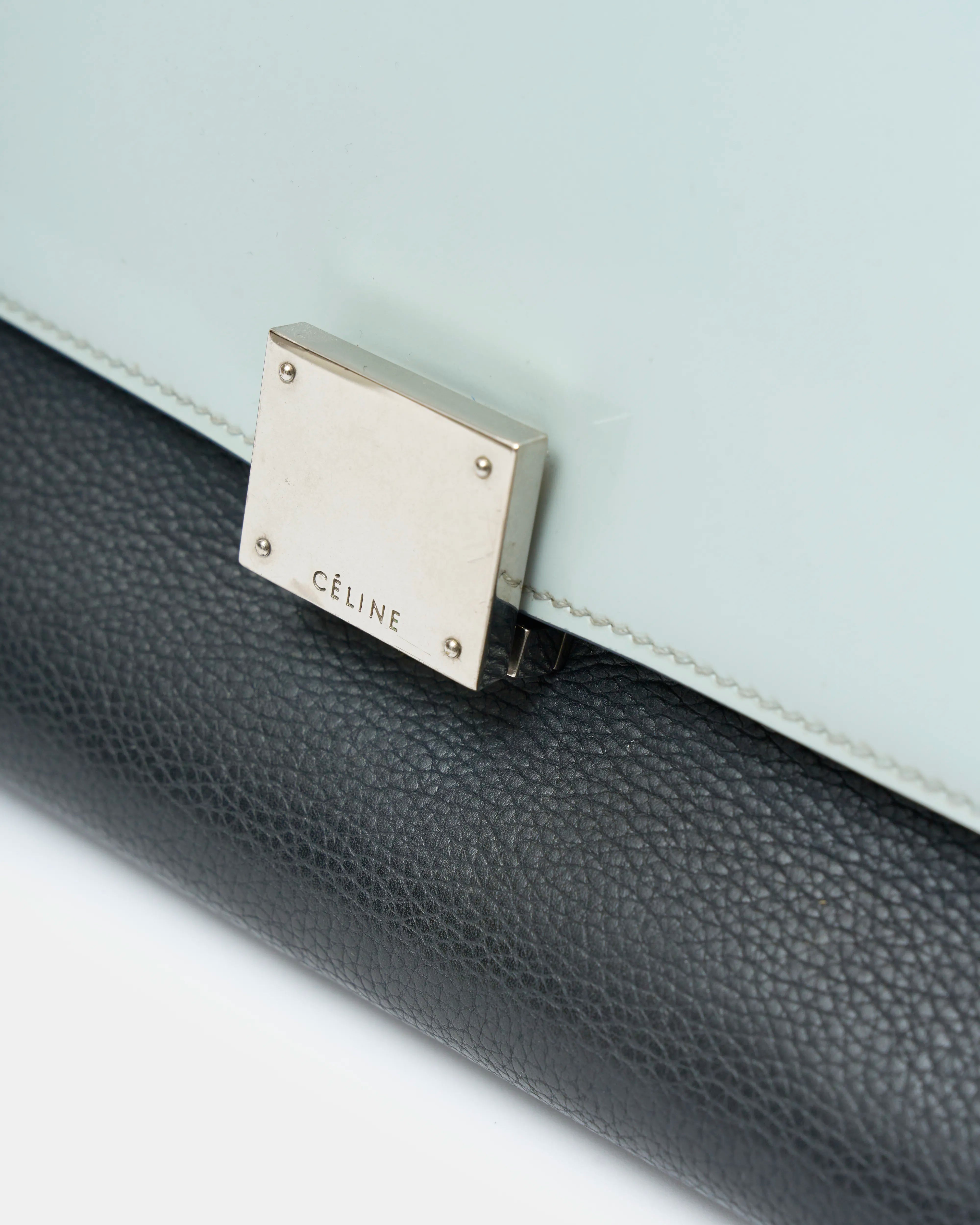 Céline trapeze top handle bag light blue teal & black calfskin phw
