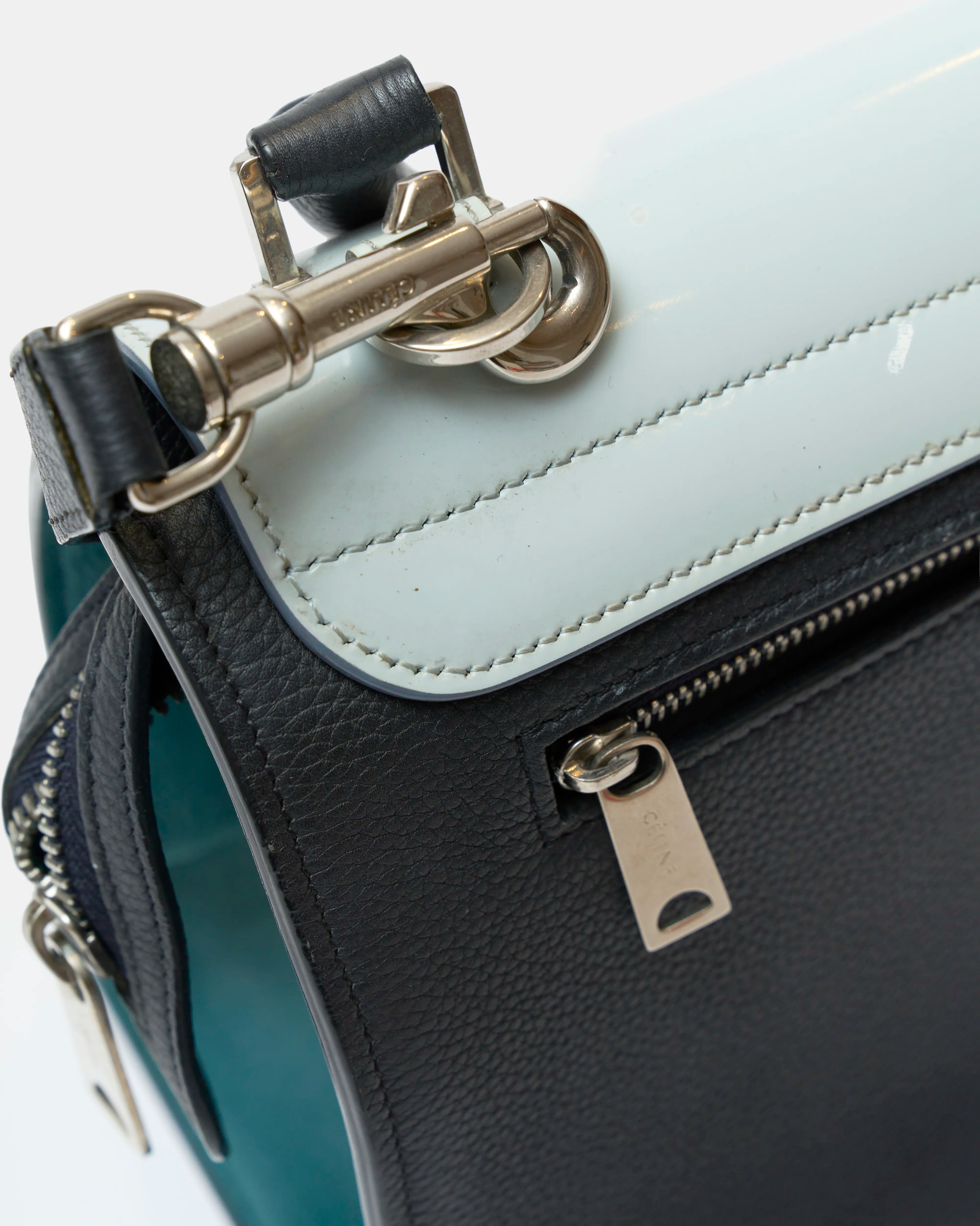 Céline trapeze top handle bag light blue teal & black calfskin phw