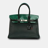 Hermès Birkin 30 Patchwork Vert Fonce, Vert Emerald, Vert Titien, Malachite & Rose Azalee / Porosus Crocodile, Chevre, Epsom, Clemence, PHW