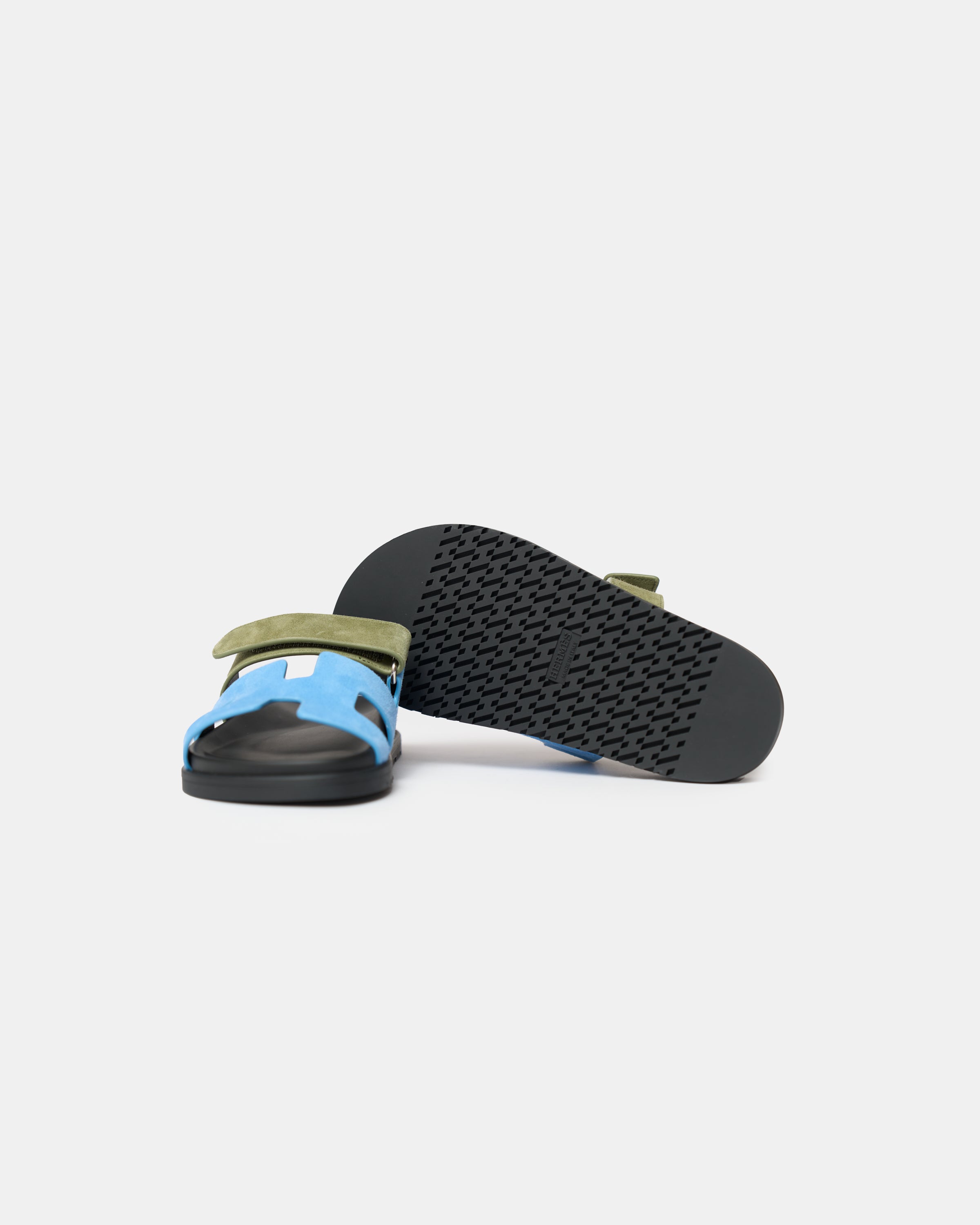 Hermès Chypre Bleu Cameo/ Vert Celadon Suede Sandals
