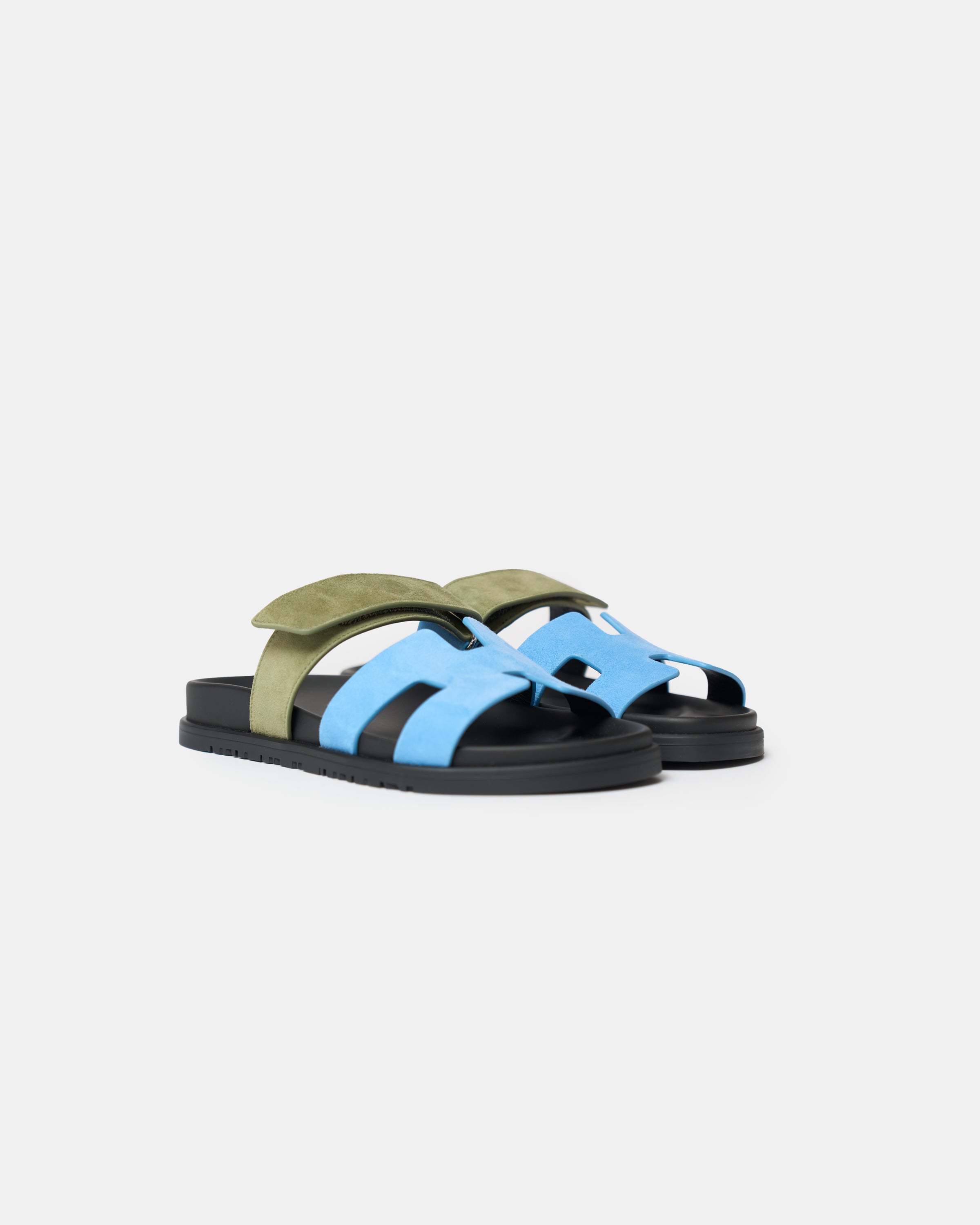Hermès Chypre Bleu Cameo/ Vert Celadon Suede Sandals