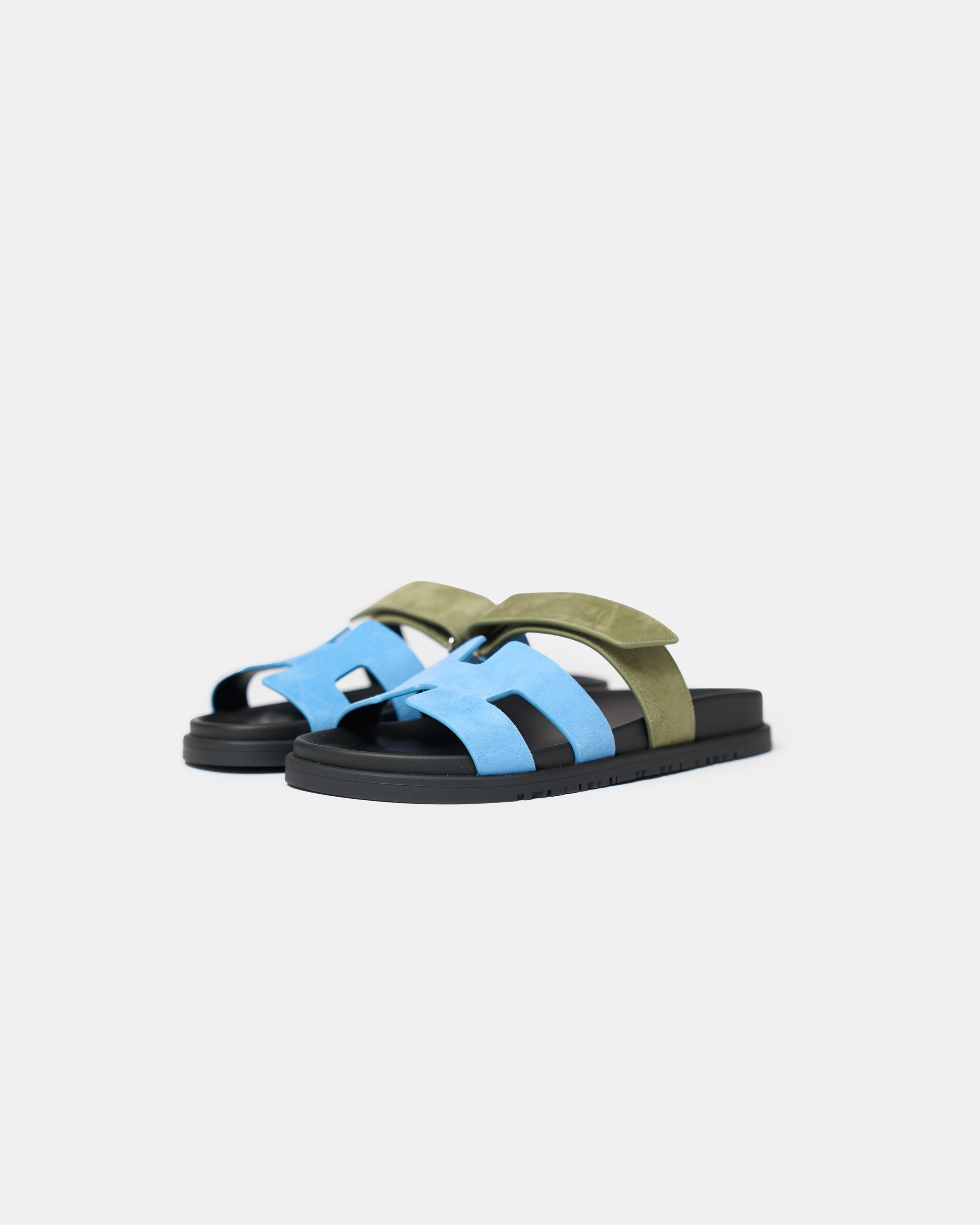 Hermès Chypre Bleu Cameo/ Vert Celadon Suede Sandals