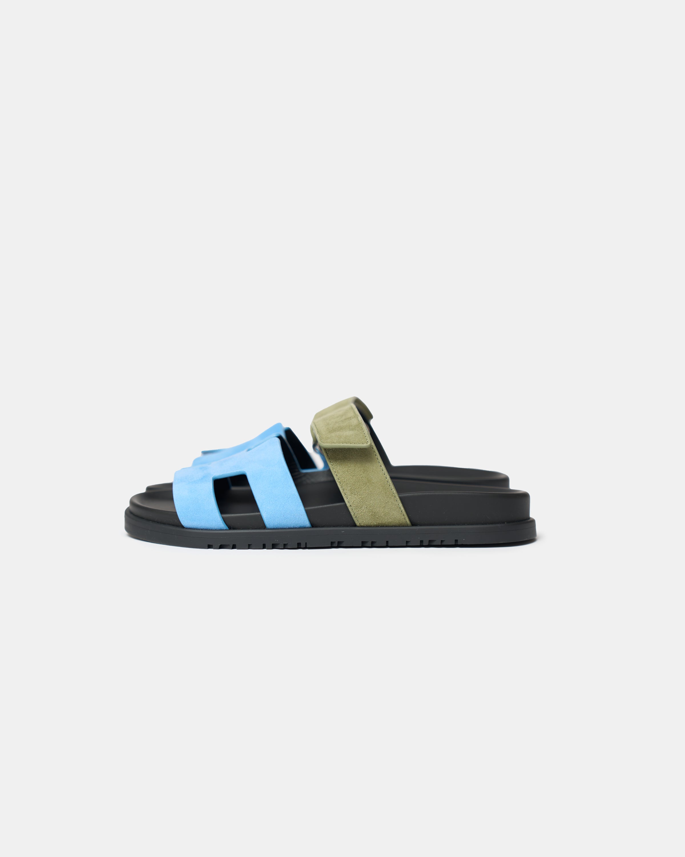 Hermès Chypre Bleu Cameo/ Vert Celadon Suede Sandals