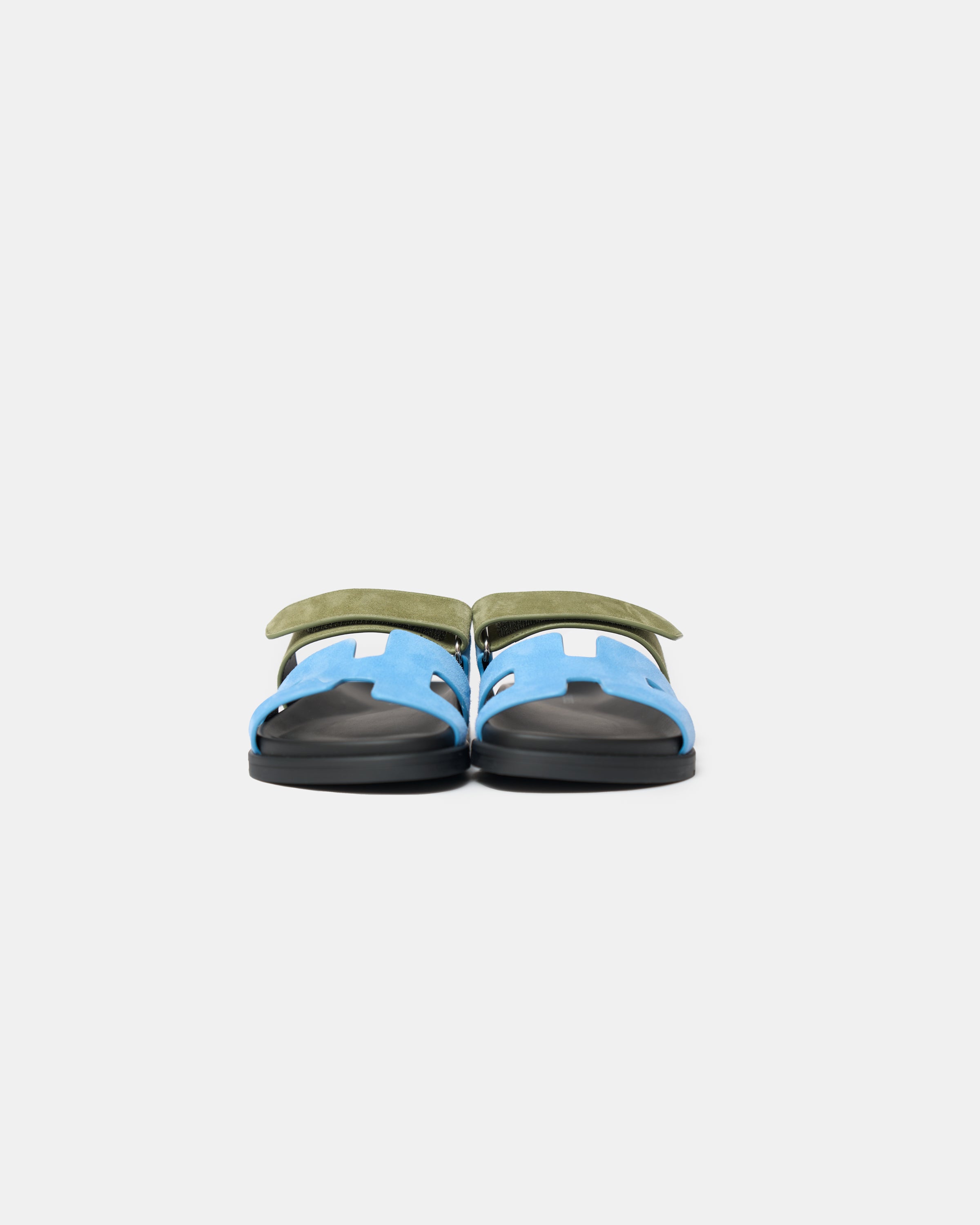 Hermès Chypre Bleu Cameo/ Vert Celadon Suede Sandals