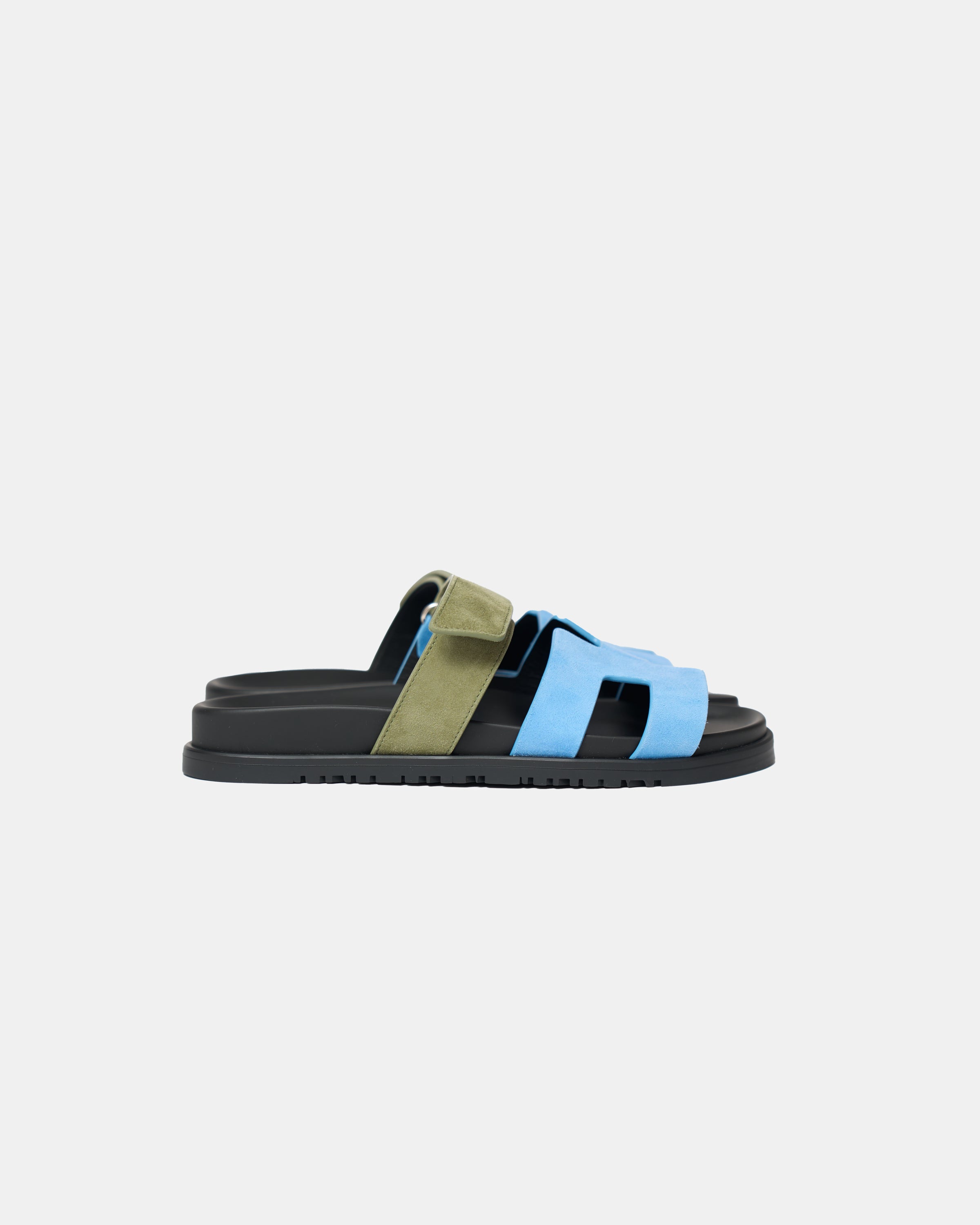 Hermès Chypre Bleu Cameo/ Vert Celadon Suede Sandals