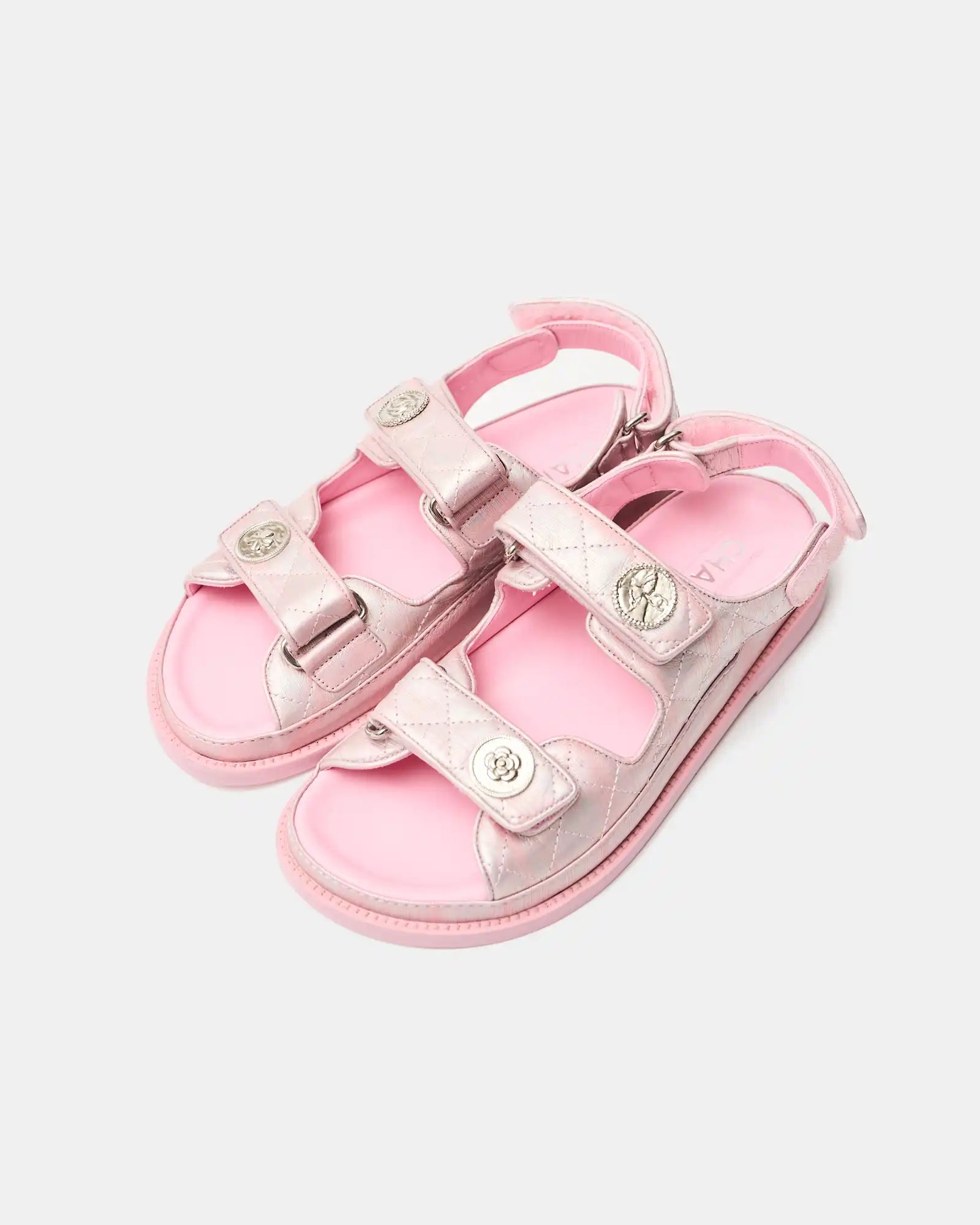 Chanel Pink Laminated Calfskin Dad Sandals