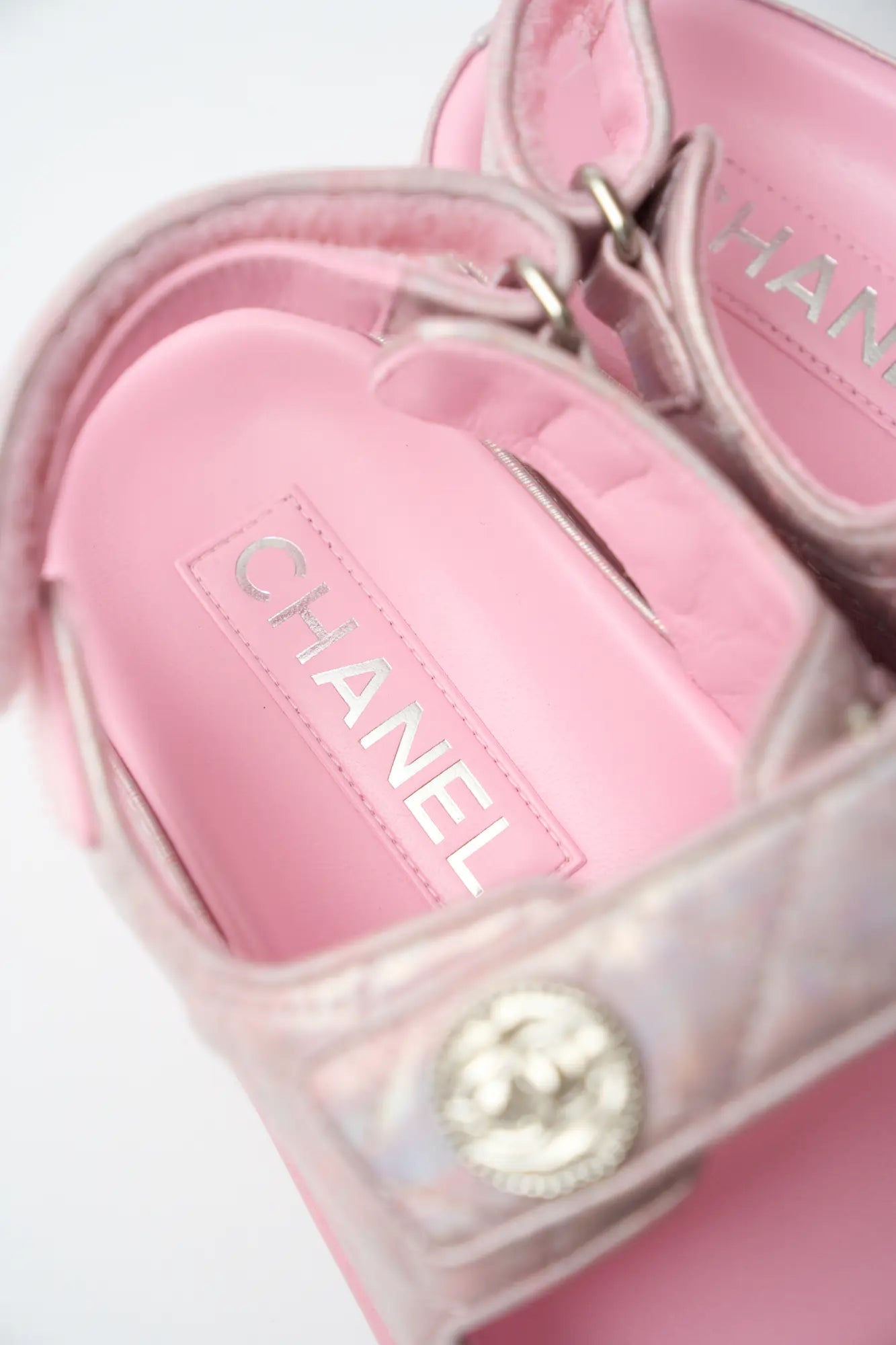 Chanel Pink Laminated Calfskin Dad Sandals